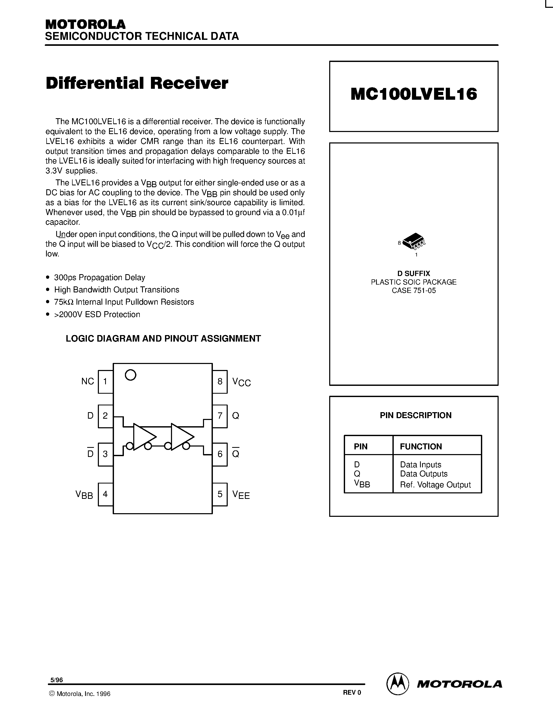 Datasheet MC100LVEL16D - Differential Receiver page 1