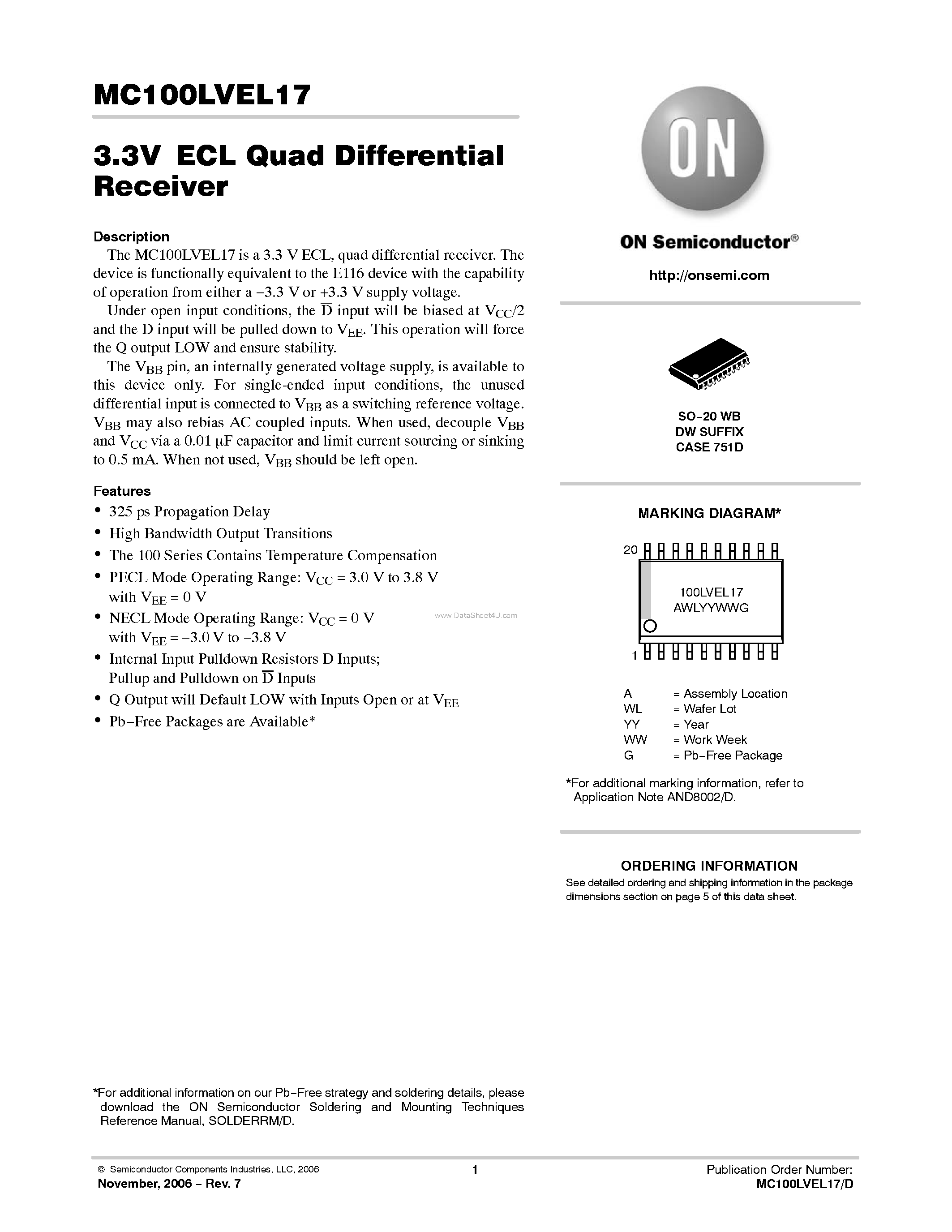 Datasheet MC100LVEL17 - Low-Voltage Quad Differential Receiver page 1