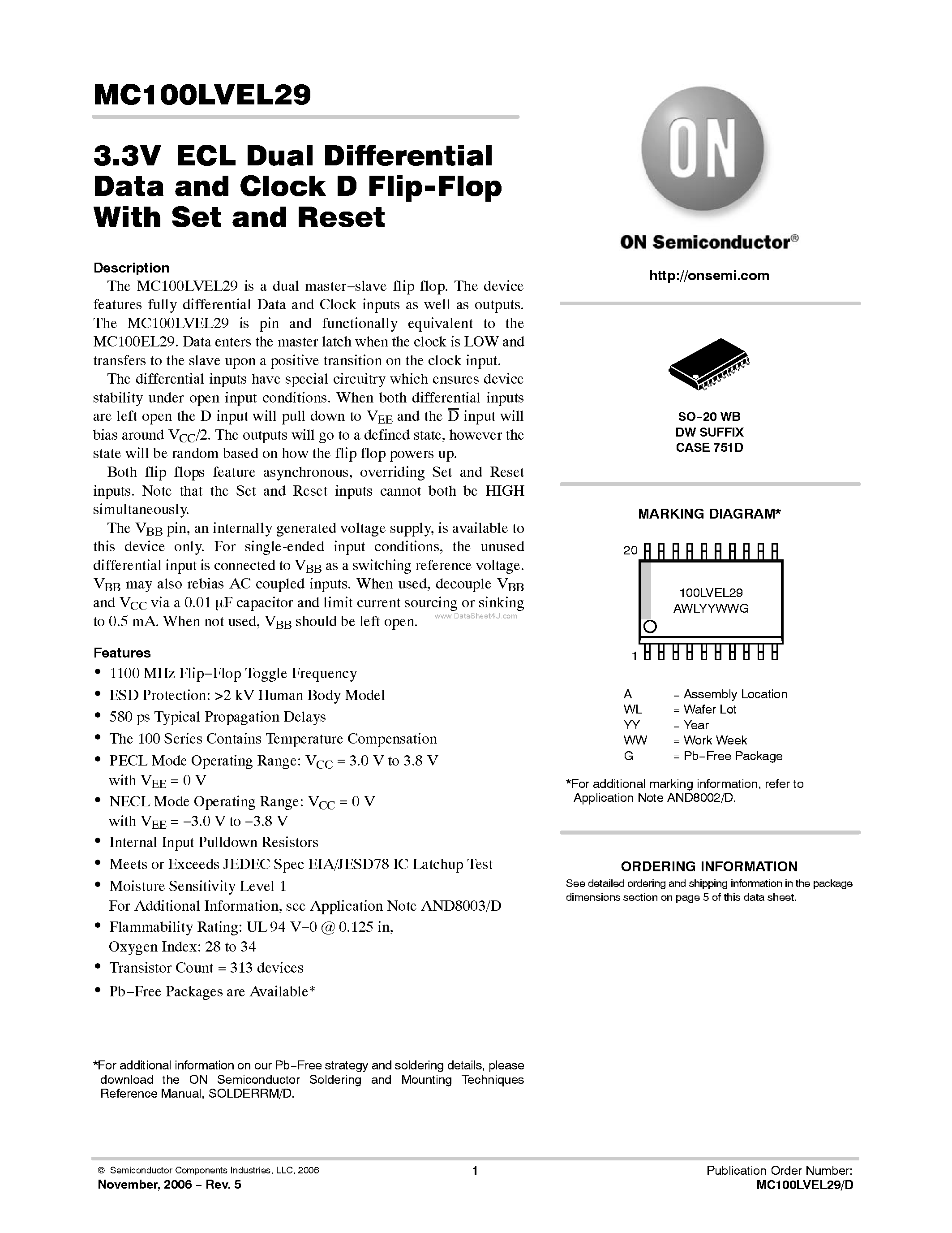 Datasheet MC100LVEL29 - Dual Differential Data and Clock D Flip-Flop With Set and Reset page 1