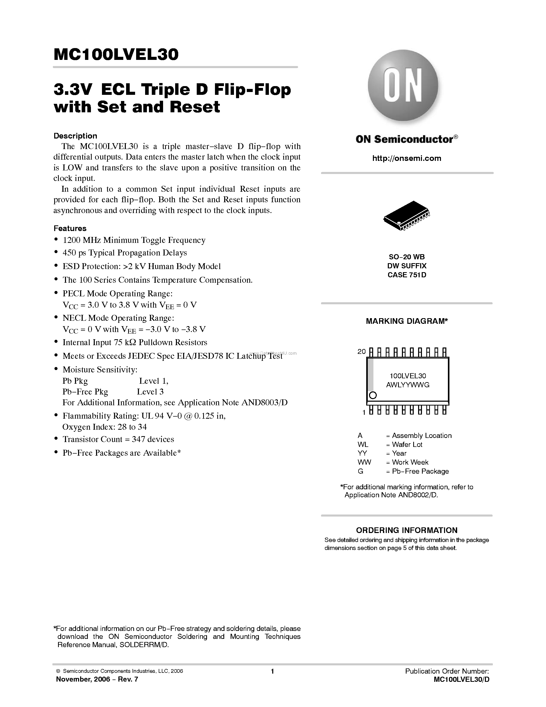 Datasheet MC100LVEL30 - Triple D Flip-Flop With Set and Reset page 1