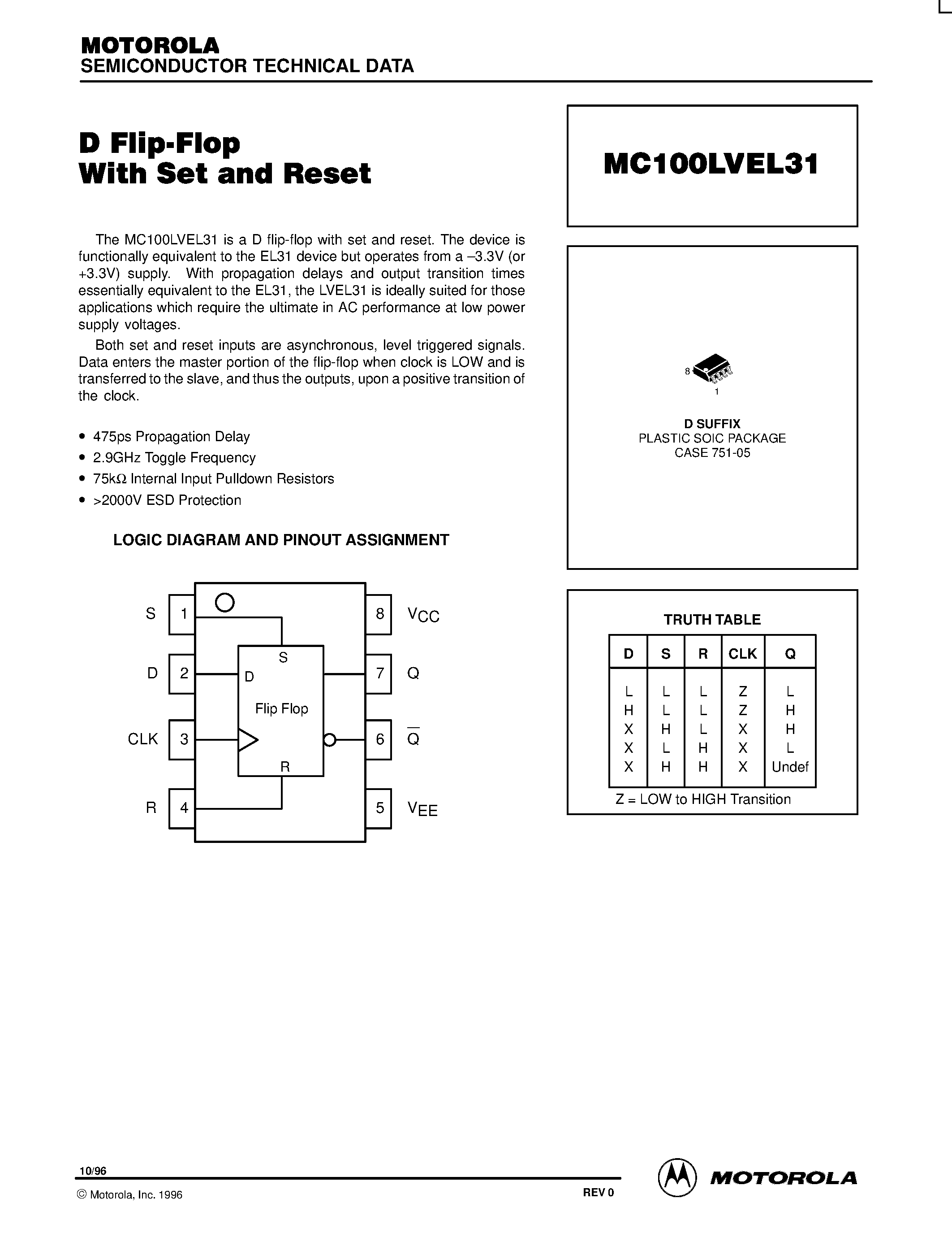 Datasheet MC100LVEL31D - D Flip-Flop With Set and Reset page 1