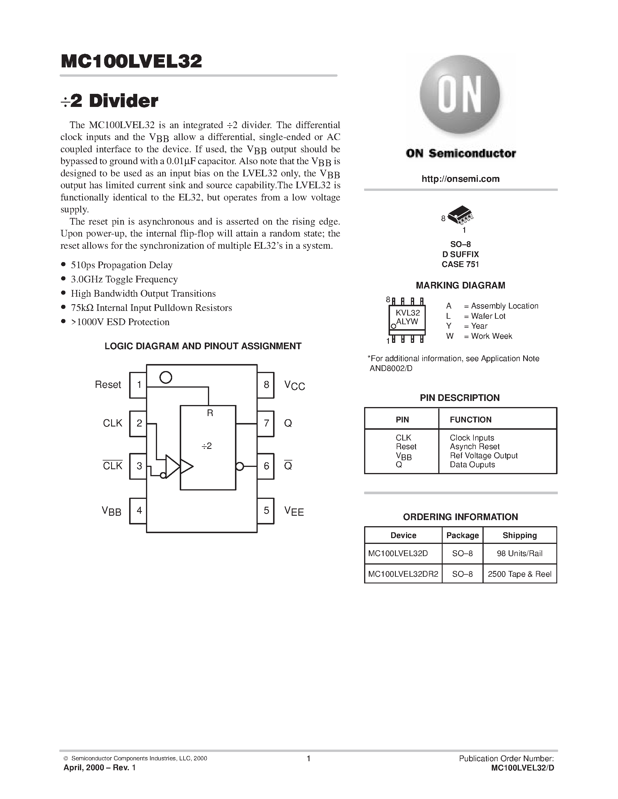 Datasheet MC100LVEL32 - 2 Divider page 1