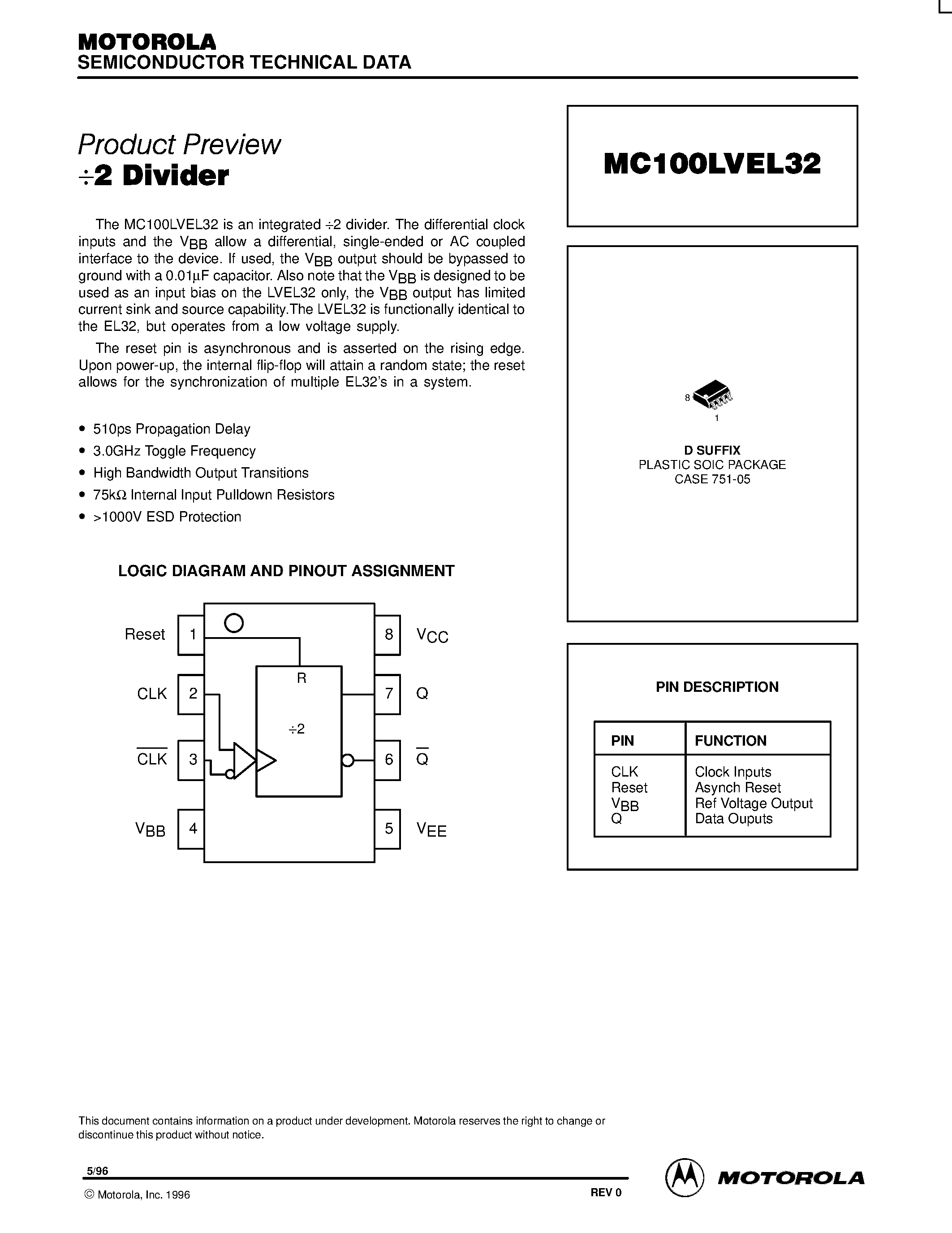 Datasheet MC100LVEL32D - D SUFFIX PLASTIC SOIC PACKAGE CASE 751-05 page 1