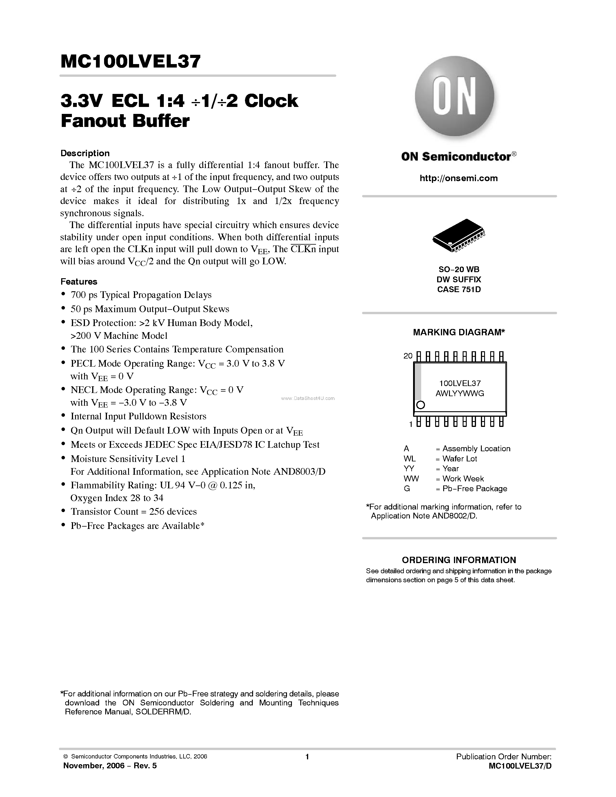 Datasheet MC100LVEL37 - 1:4 1/2 ECL/PECL Clock Fanout Buffer page 1