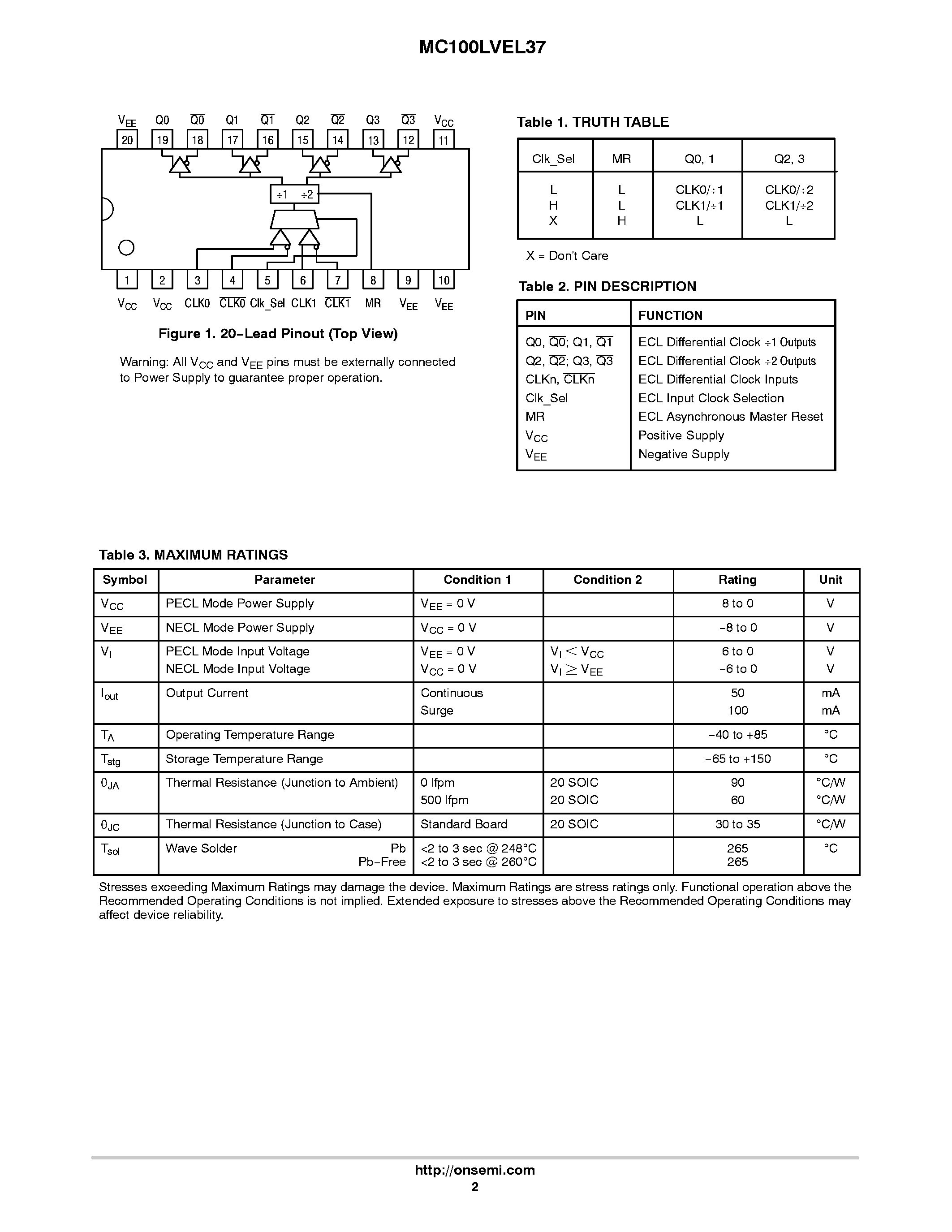 Datasheet MC100LVEL37 - 1:4 1/2 ECL/PECL Clock Fanout Buffer page 2