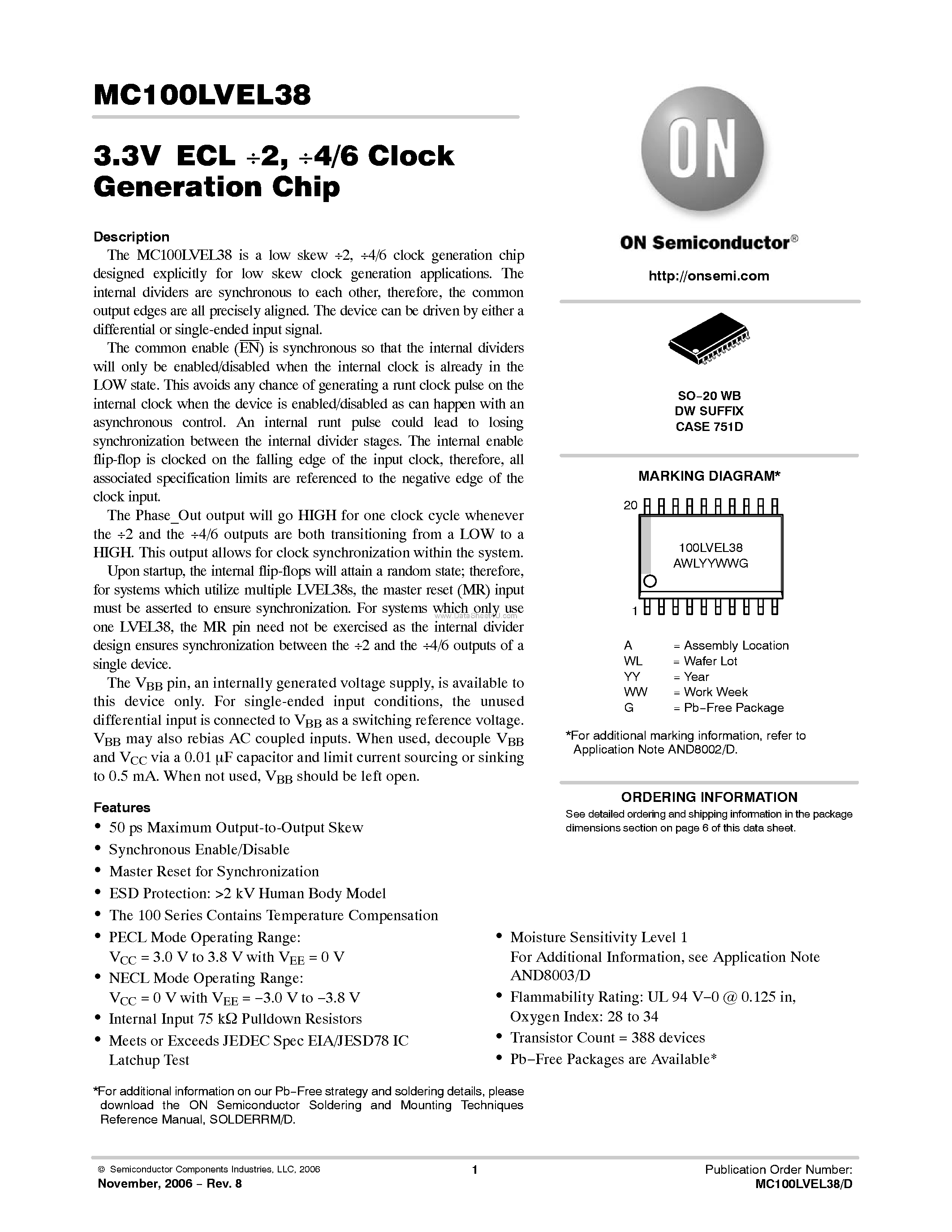 Datasheet MC100LVEL38 - 2 / 4/6 Clock Generation Chip page 1