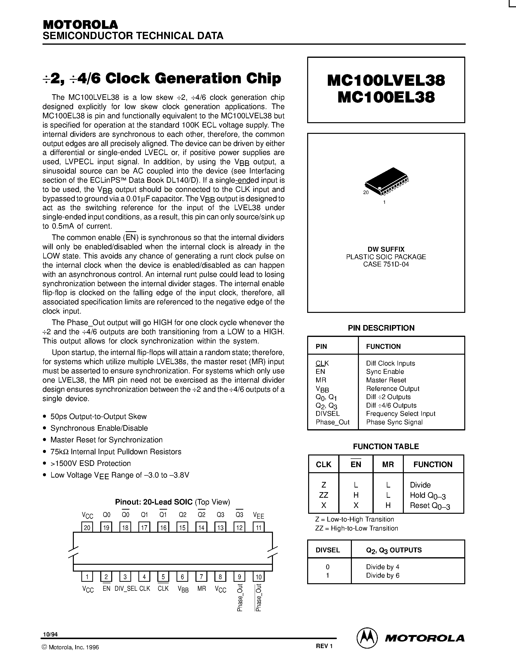 Datasheet MC100LVEL38DW - 2 / 4/6 Clock Generation Chip page 1