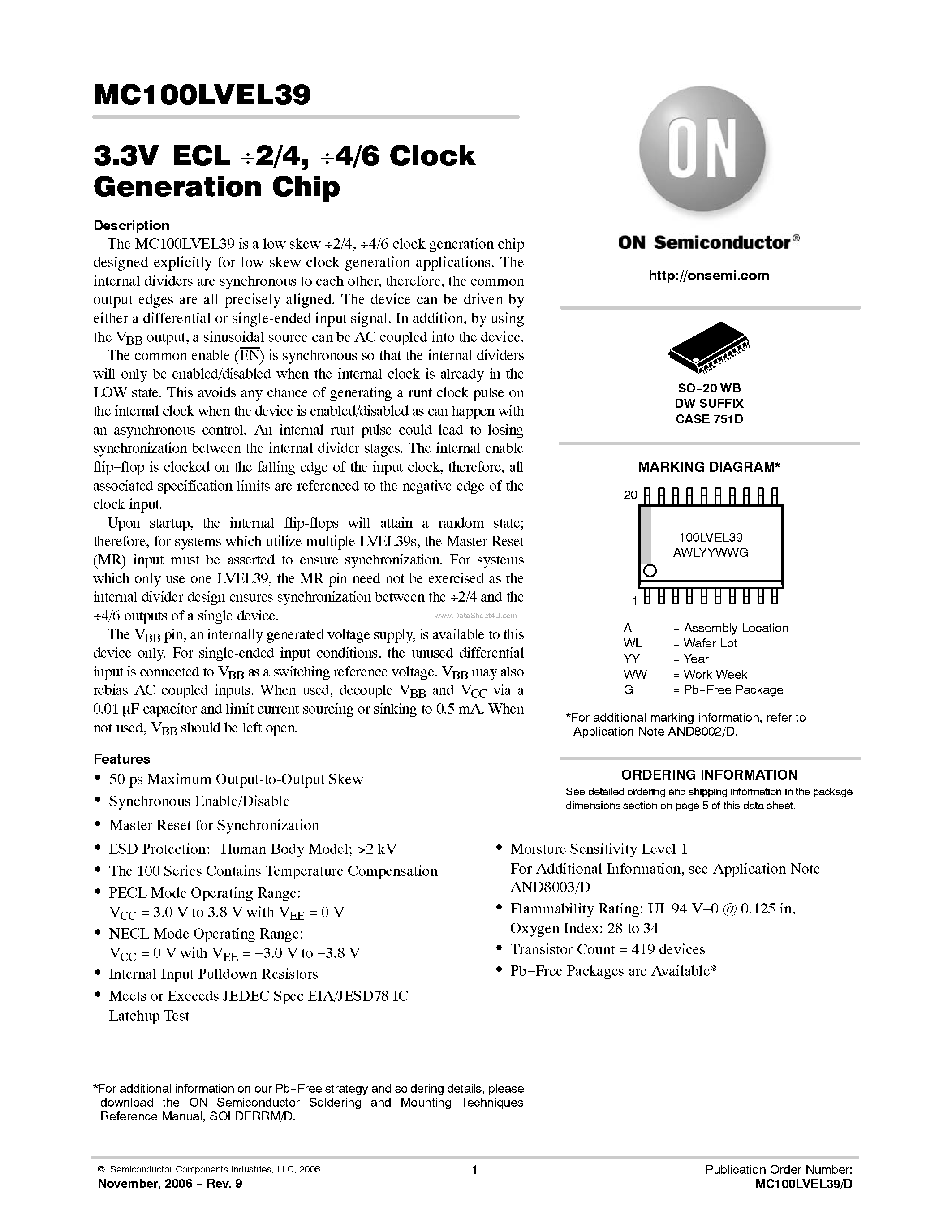 Datasheet MC100LVEL39 - 2/4 / 4/6 Clock Generation Chip page 1