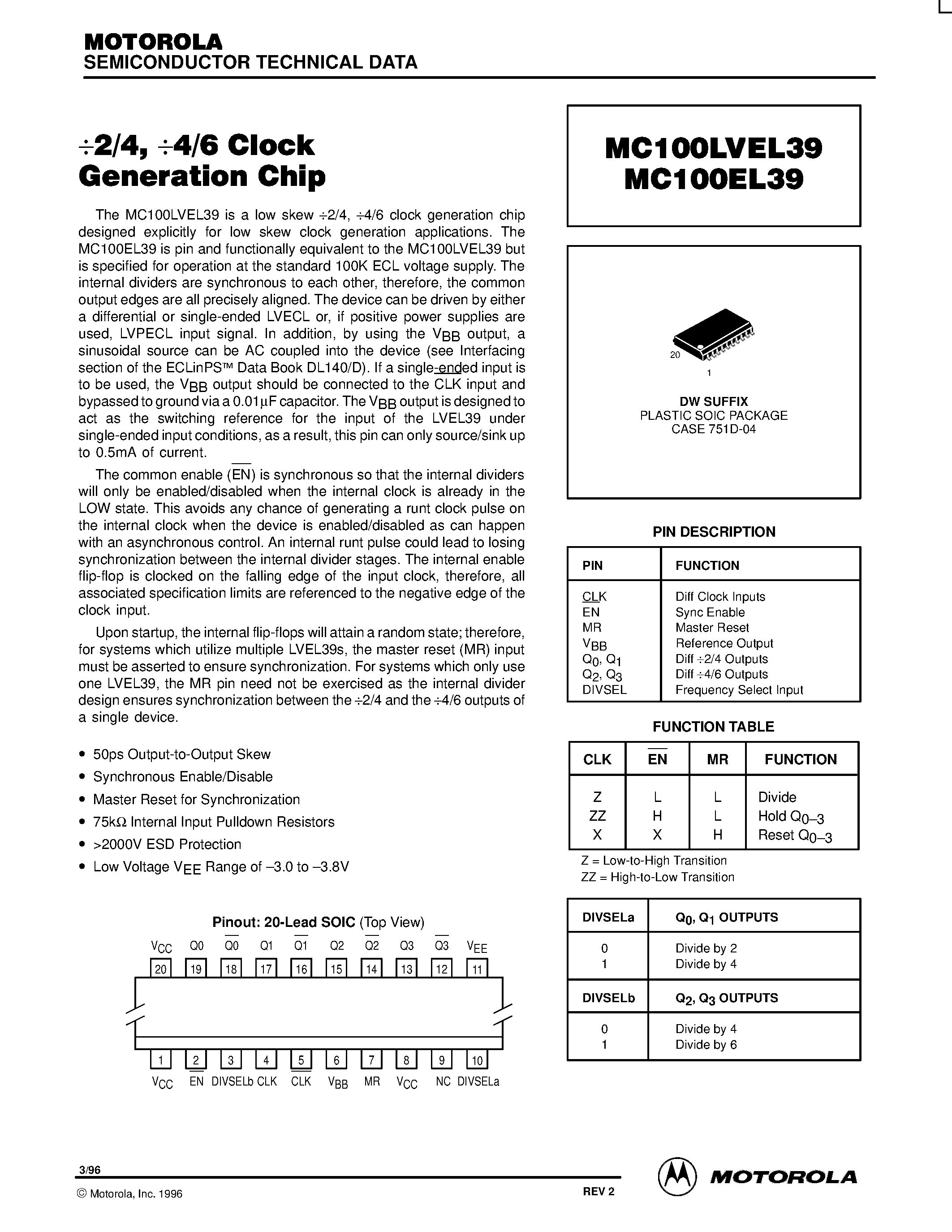 Datasheet MC100LVEL39DW - 2/4 /4/6 Clock Generation Chip page 1