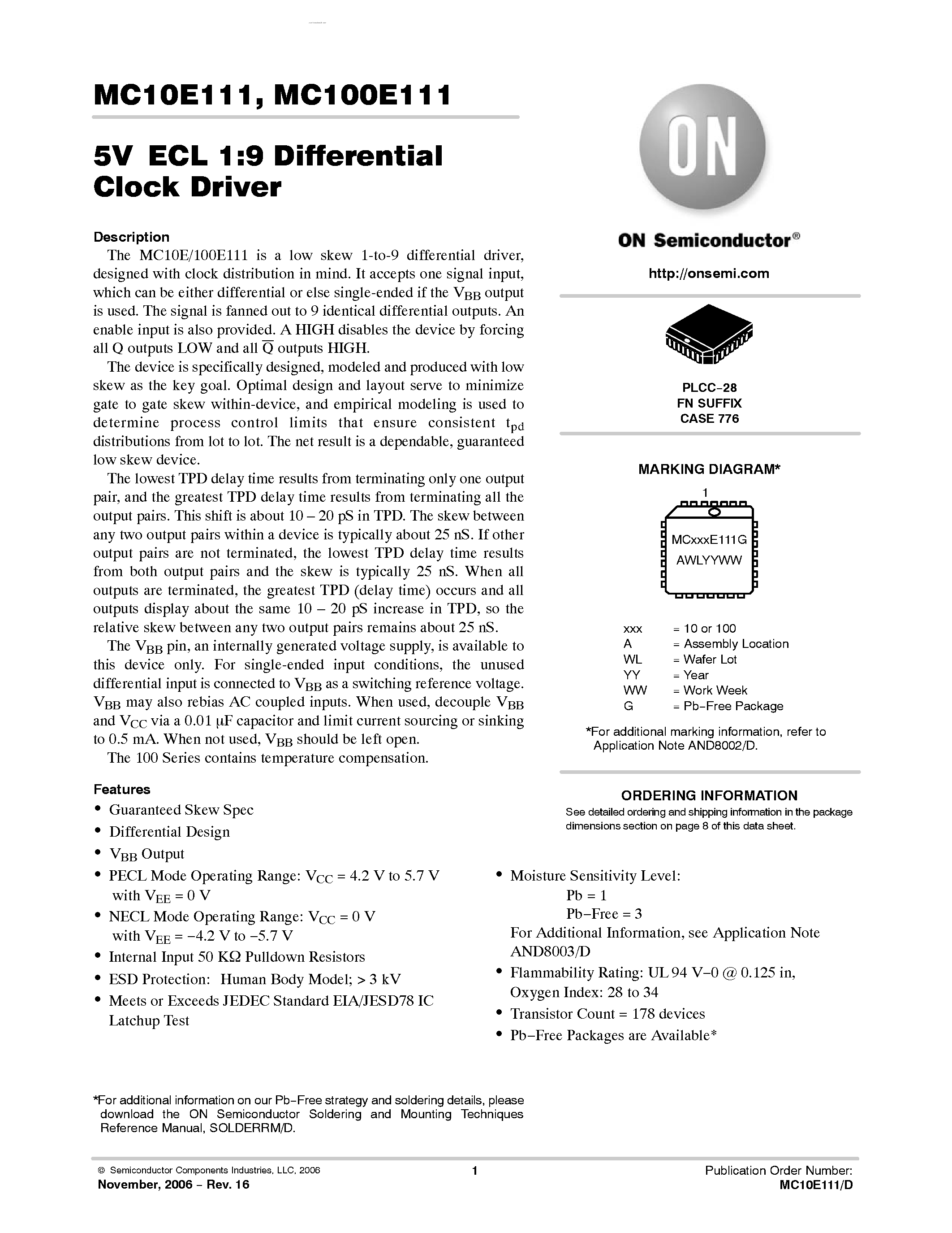 Даташит MC10E111 - 1:9 DIFFERENTIAL CLOCK DRIVER страница 1