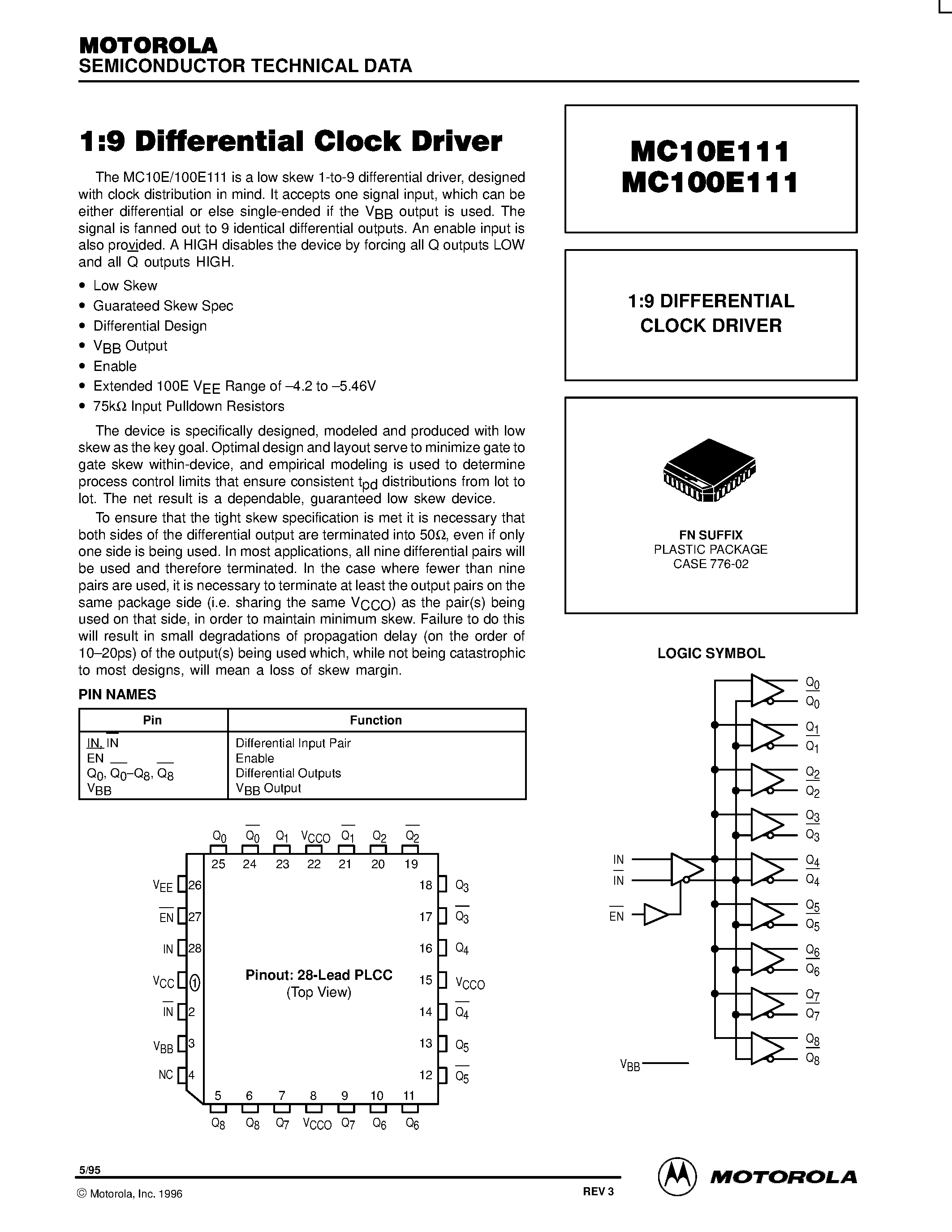 Даташит MC10E111FN - 1:9 DIFFERENTIAL CLOCK DRIVER страница 1
