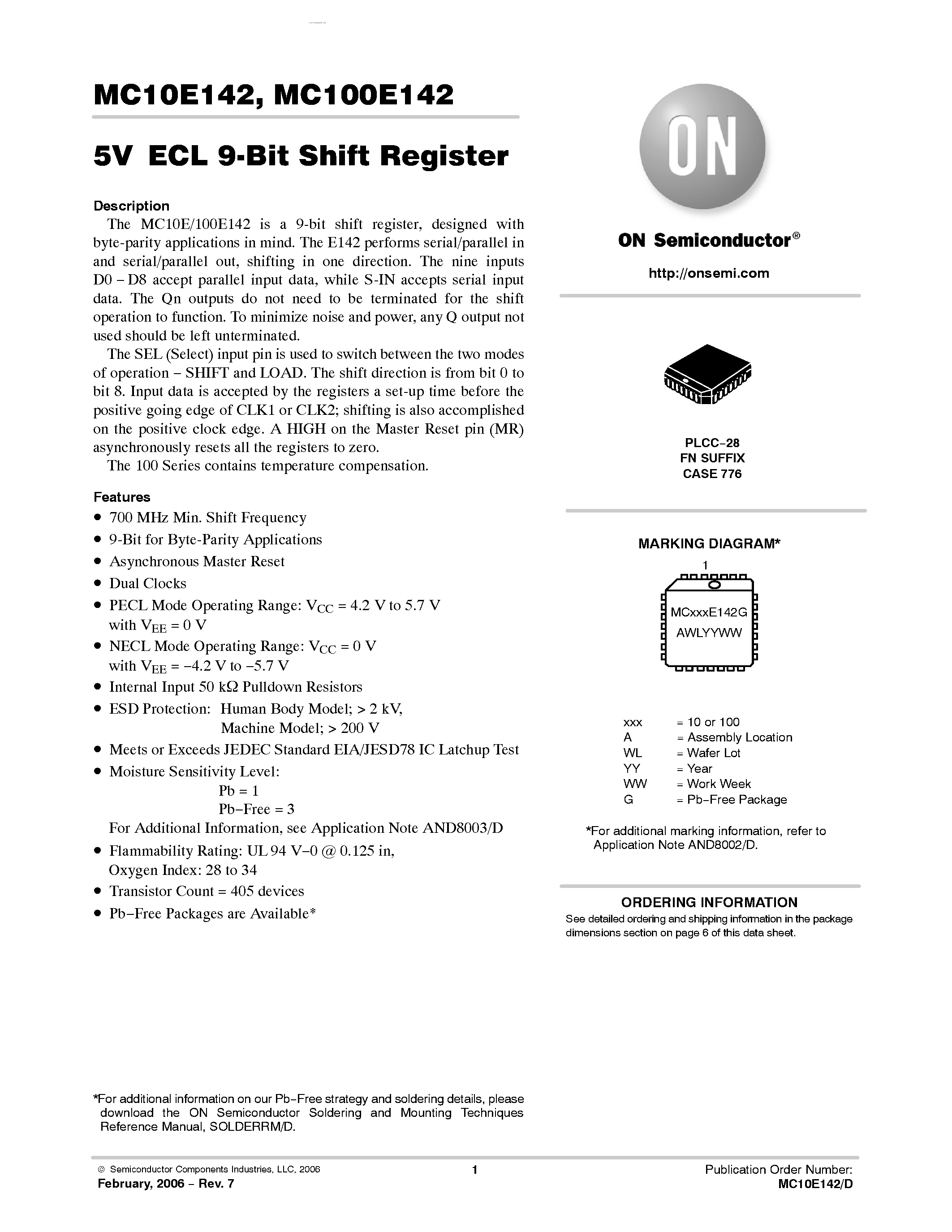 Даташит MC10E142 - 9-BIT SHIFT REGISTER страница 1