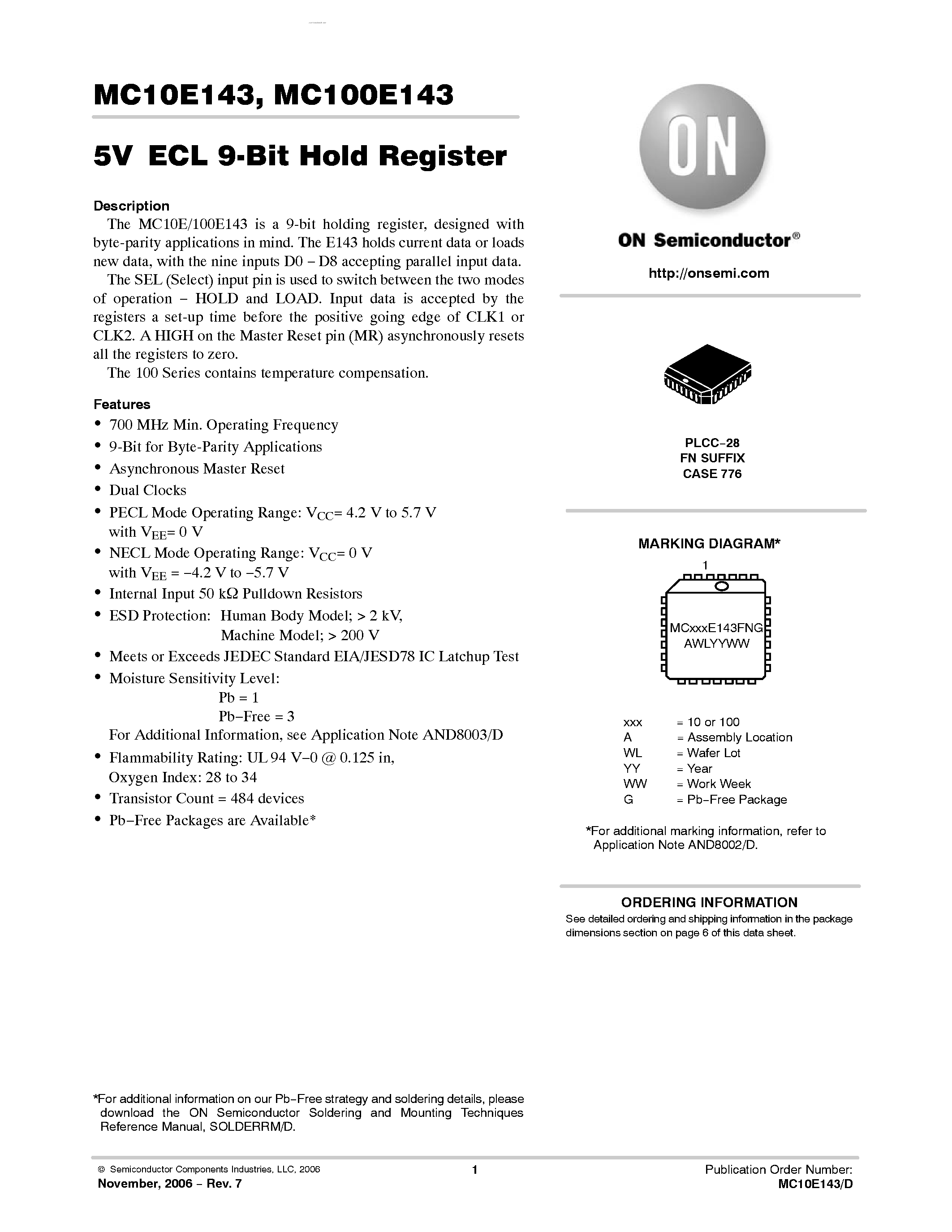 Даташит MC10E143 - 9-BIT HOLD REGISTER страница 1