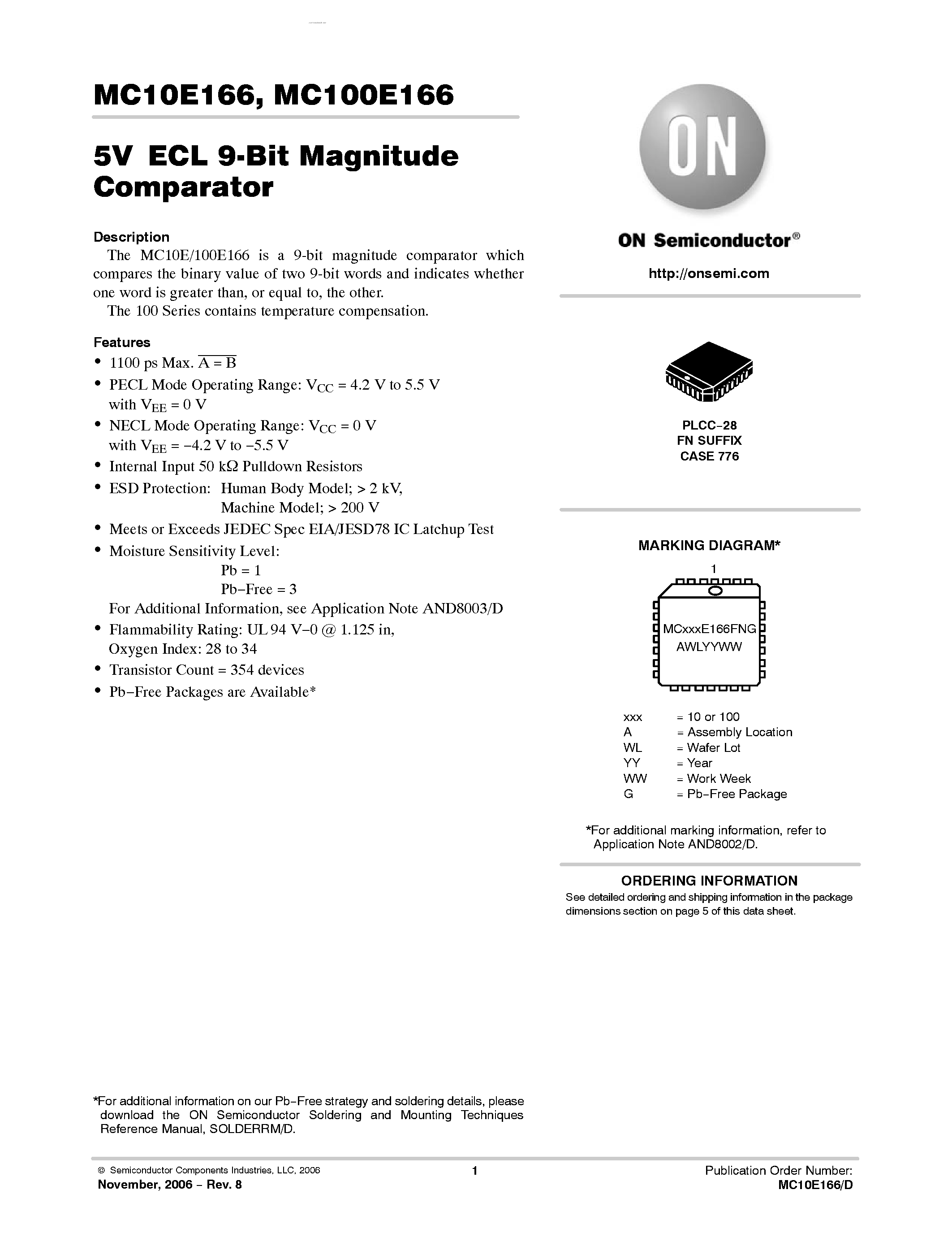 Даташит MC10E166 - 9-BIT MAGNITUDE COMPARATOR страница 1