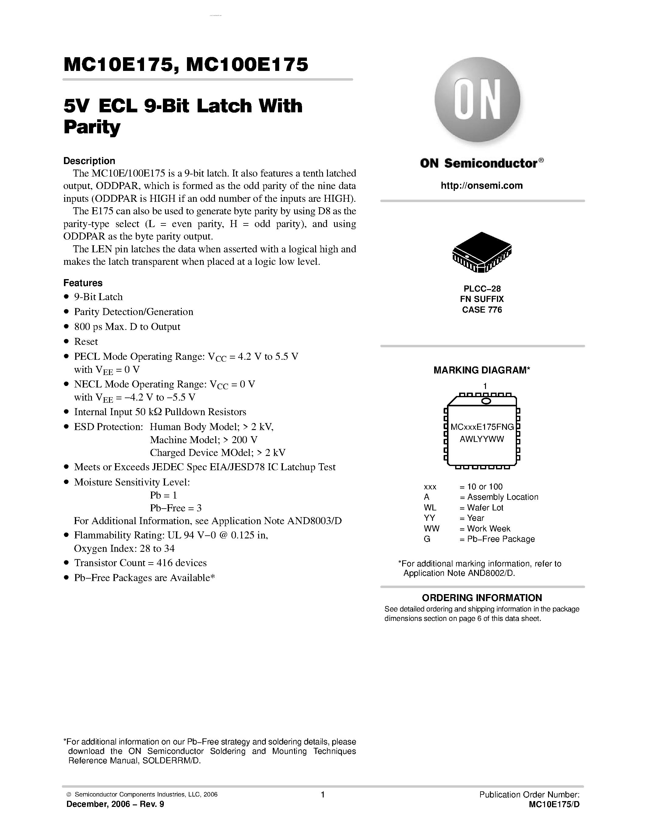 Даташит MC10E175 - 9-BIT LATCH WITH PARITY страница 1