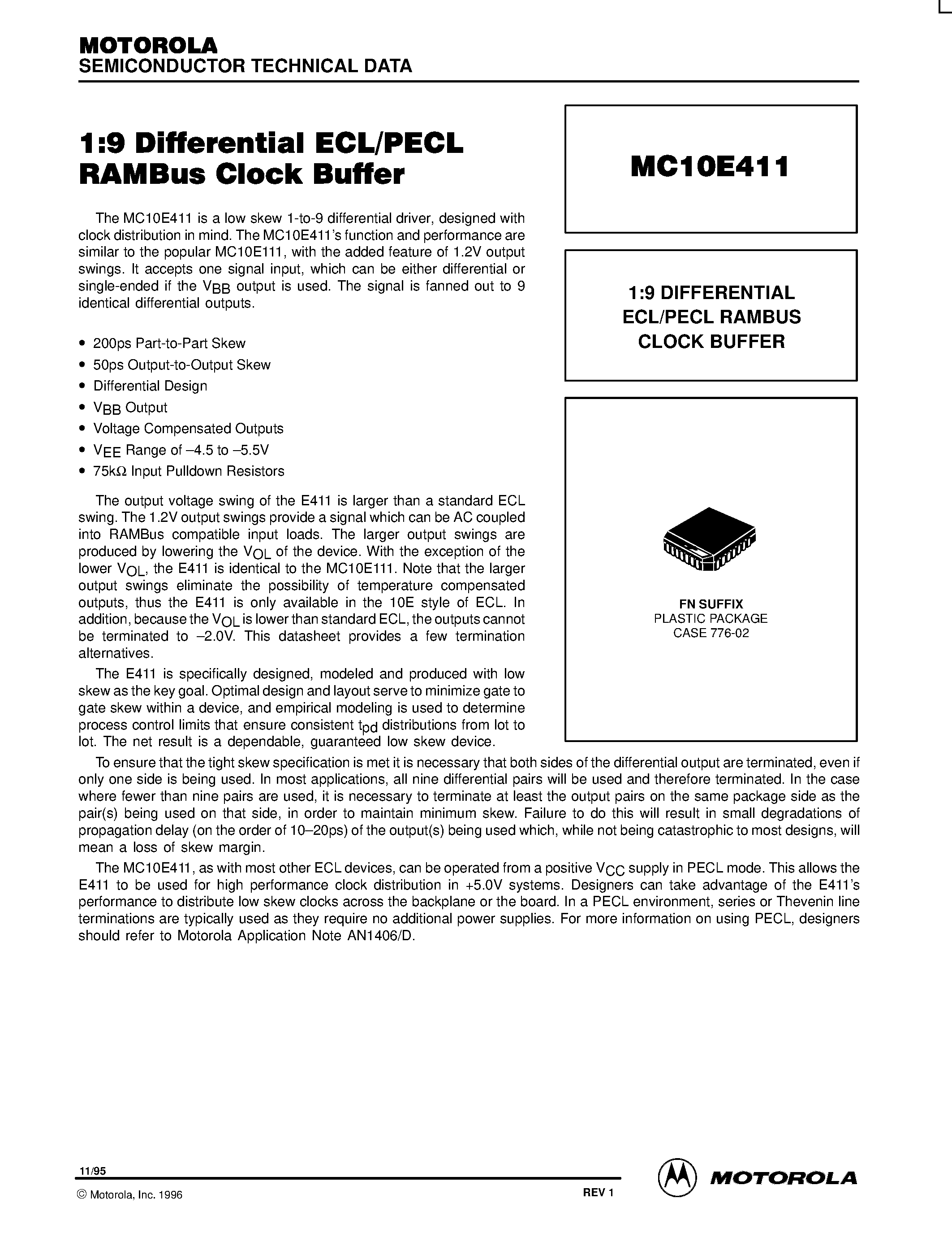 Даташит MC10E411 - 1:9 DIFFERENTIAL ECL/PECL RAMBUS CLOCK BUFFER страница 1