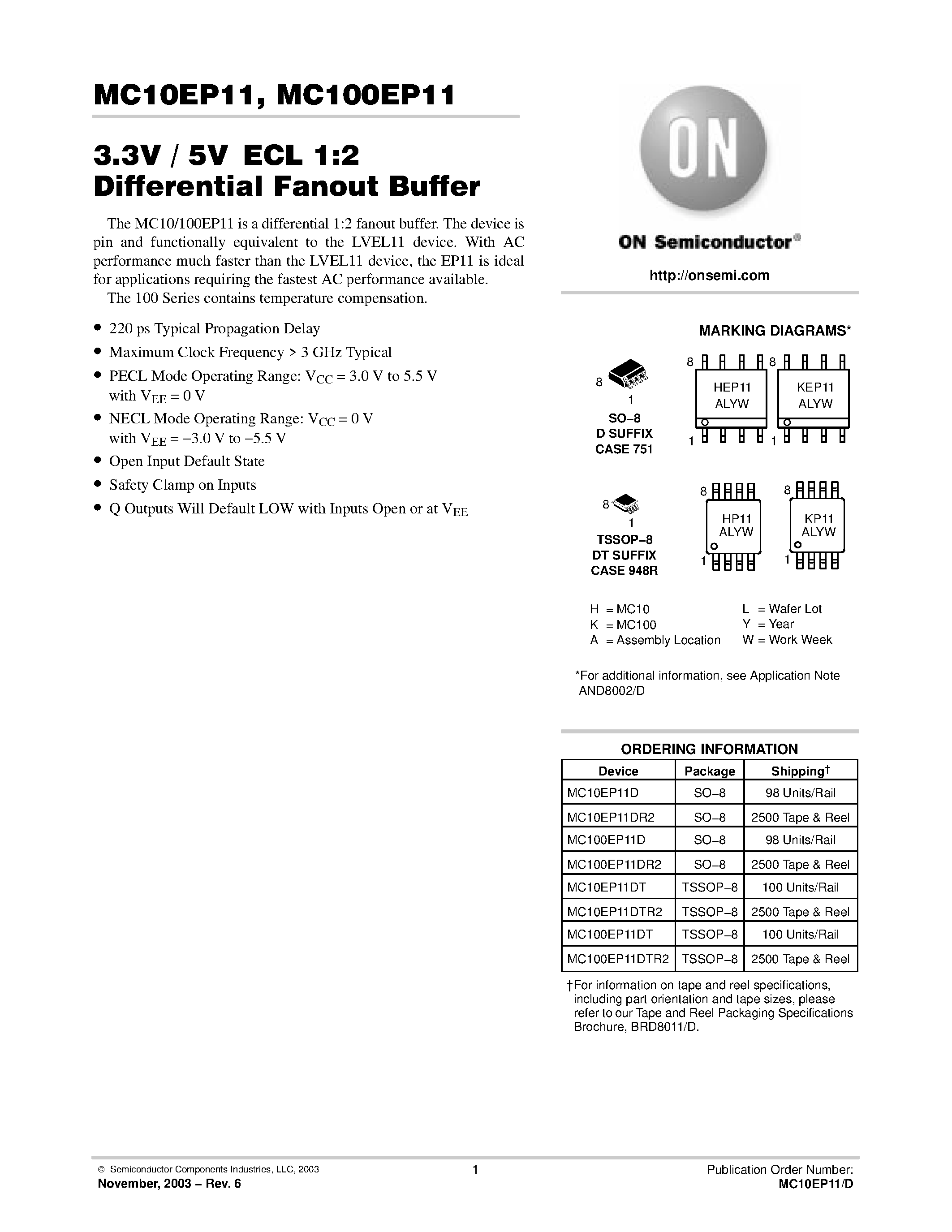 Даташит MC10EP11DTR2 - 3.3V / 5VECL 1:2 Differential Fanout Buffer страница 1