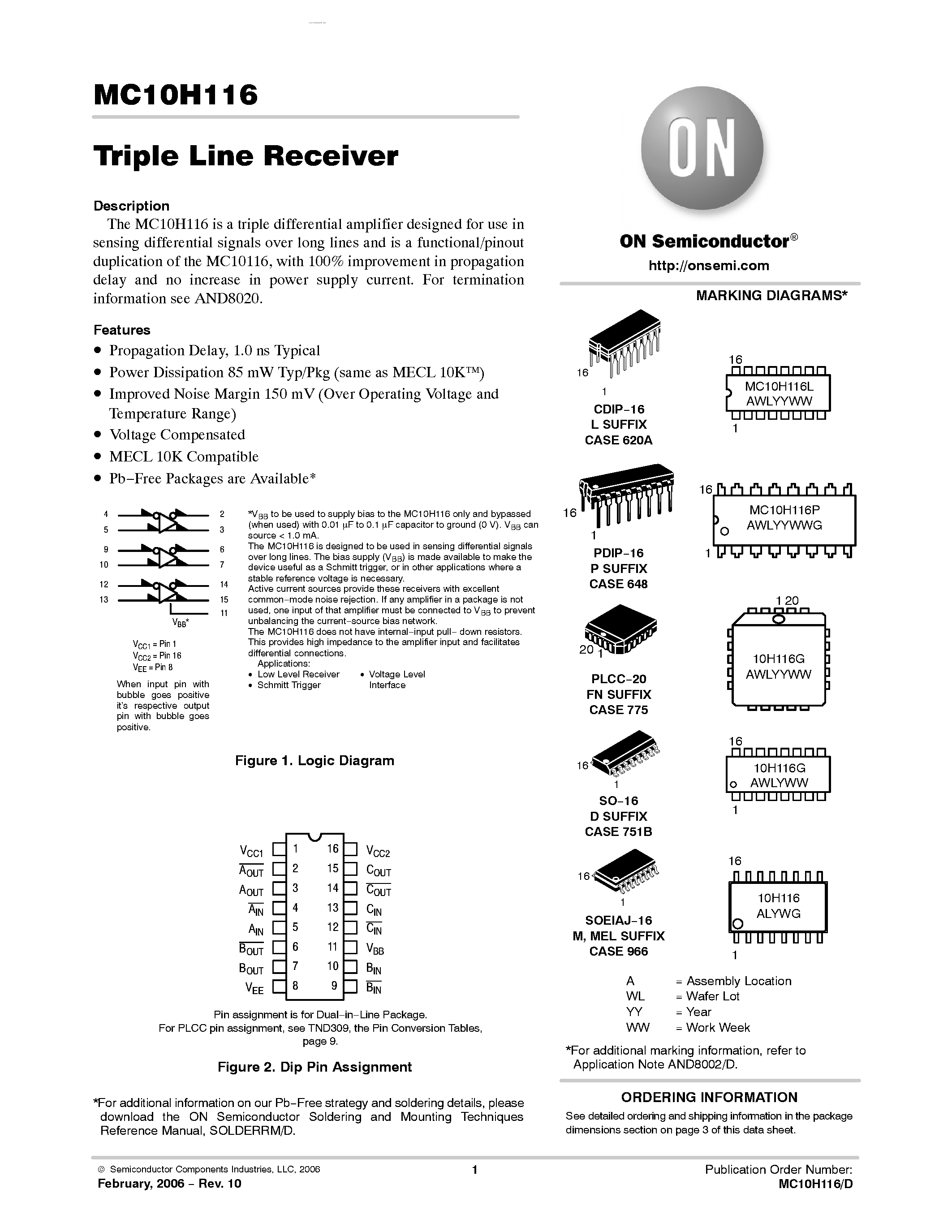 Даташит на микросхему MC10H116 страница 1 Даташит MC10H116 - Triple Line Receiver страница 1