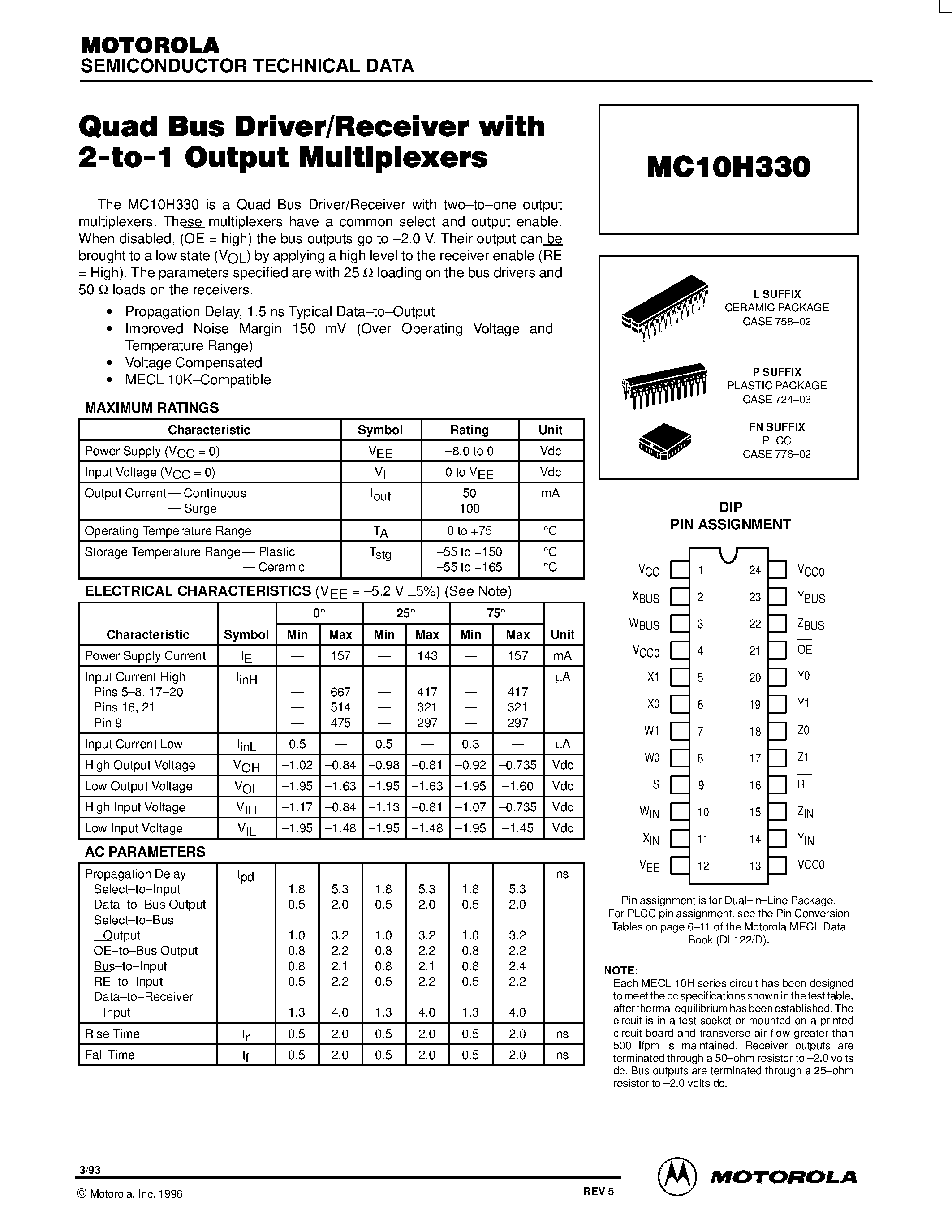 Datasheet MC10H330L - Quad BUS Driver/Receiver with 2-to-1 Output Multiplexers page 1