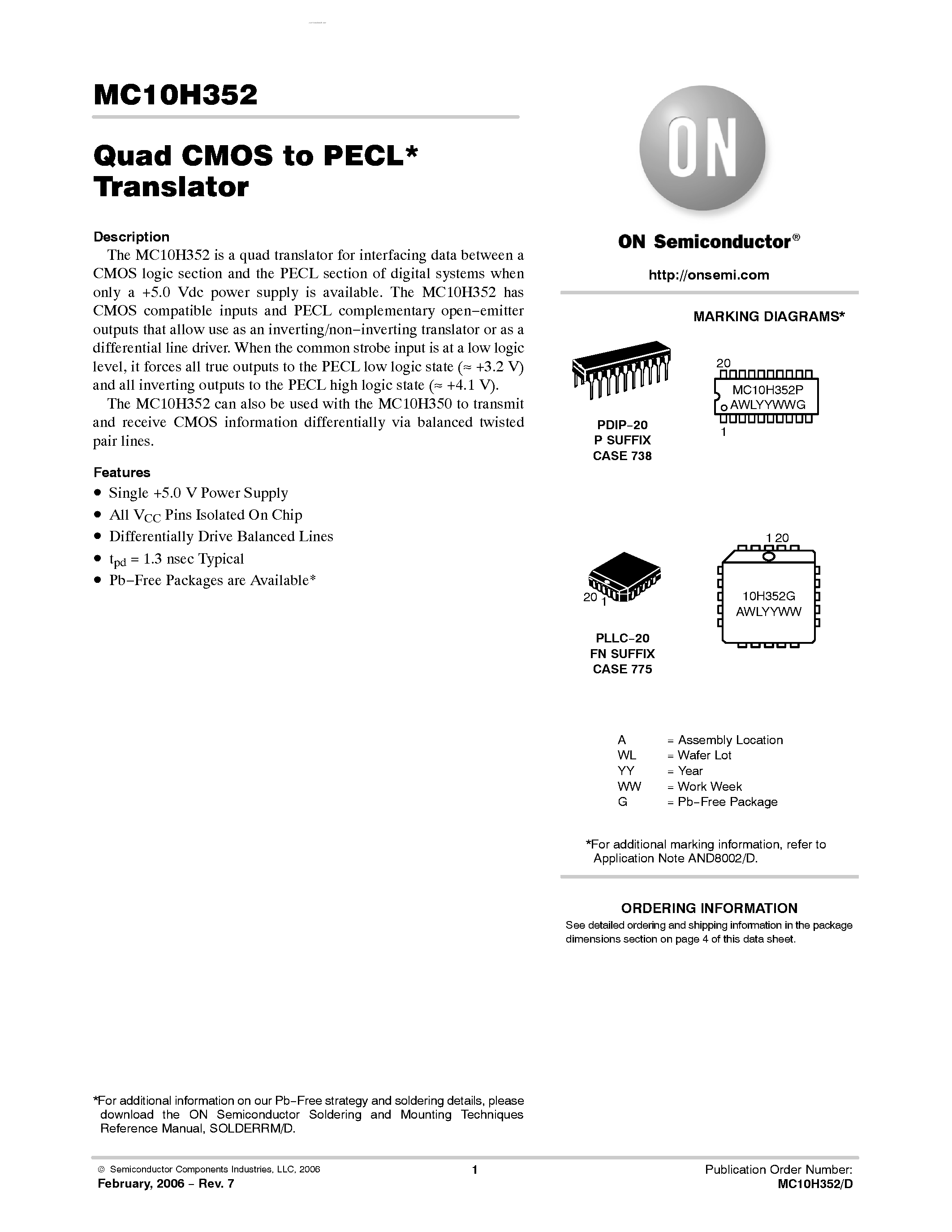 Datasheet MC10H352 - Quad CMOS to PECL* Translator page 1