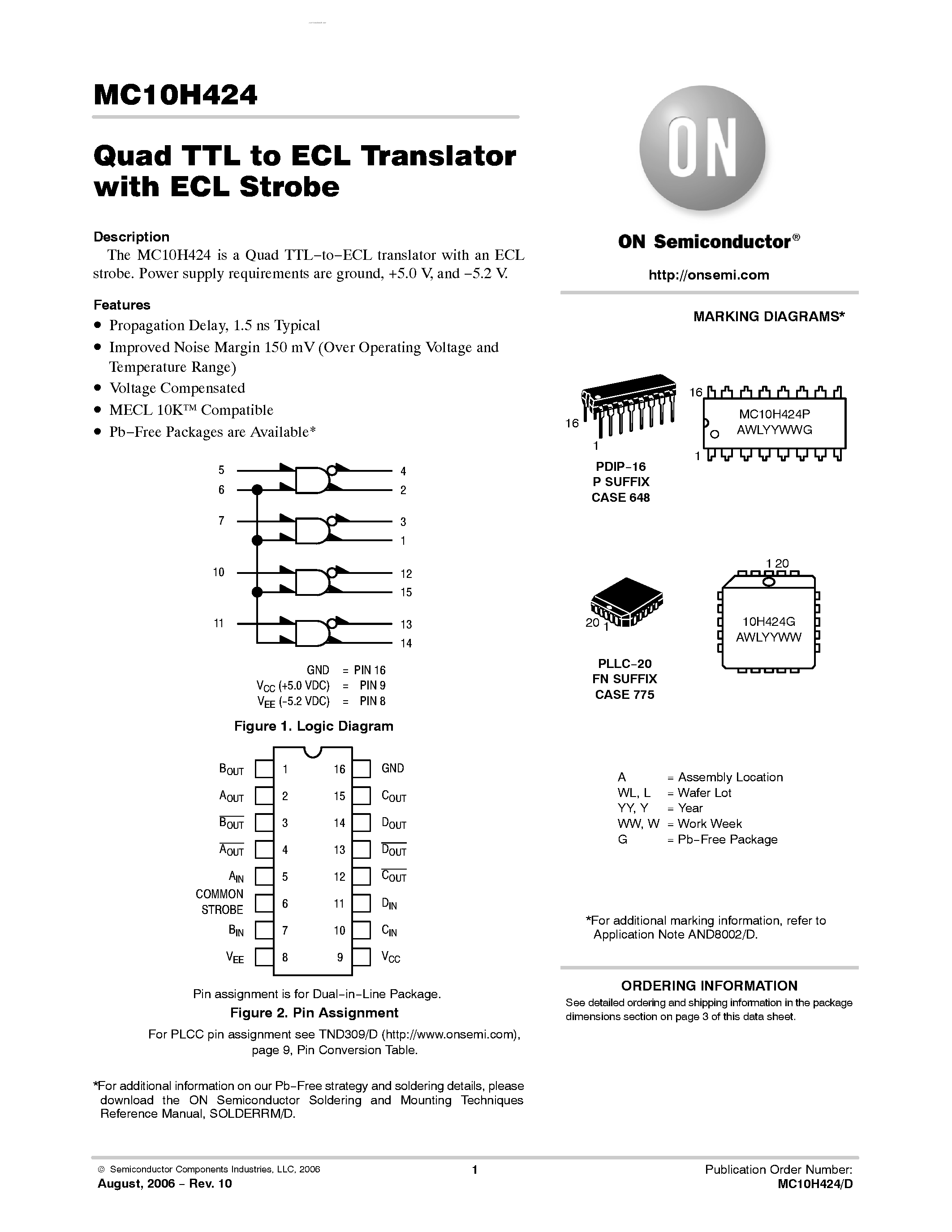 Datasheet MC10H424 - Quad TTL-to-ECL Translator with ECL Strobe page 1