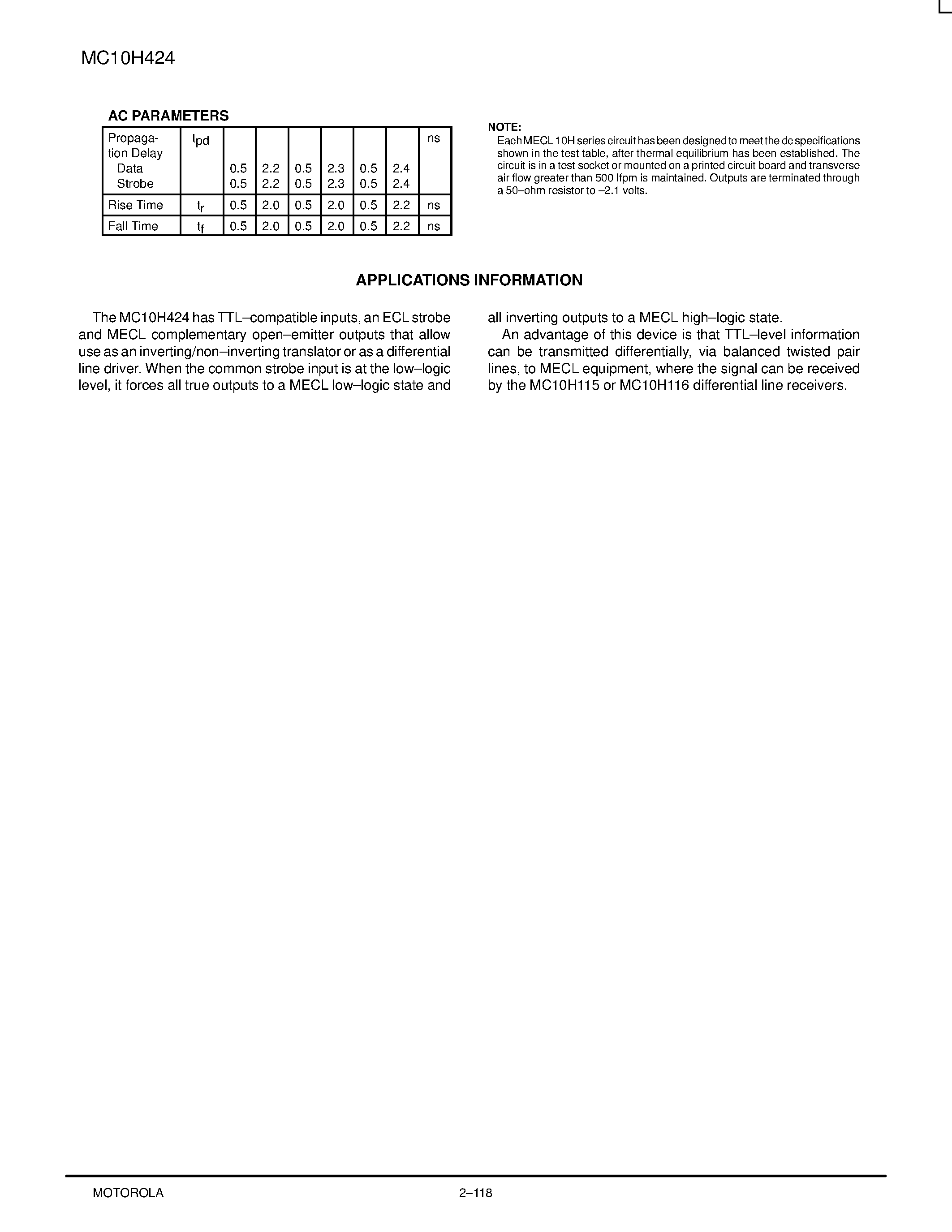 Datasheet MC10H424L - Quad TTL-to-ECL Translator with ECL Strobe page 2