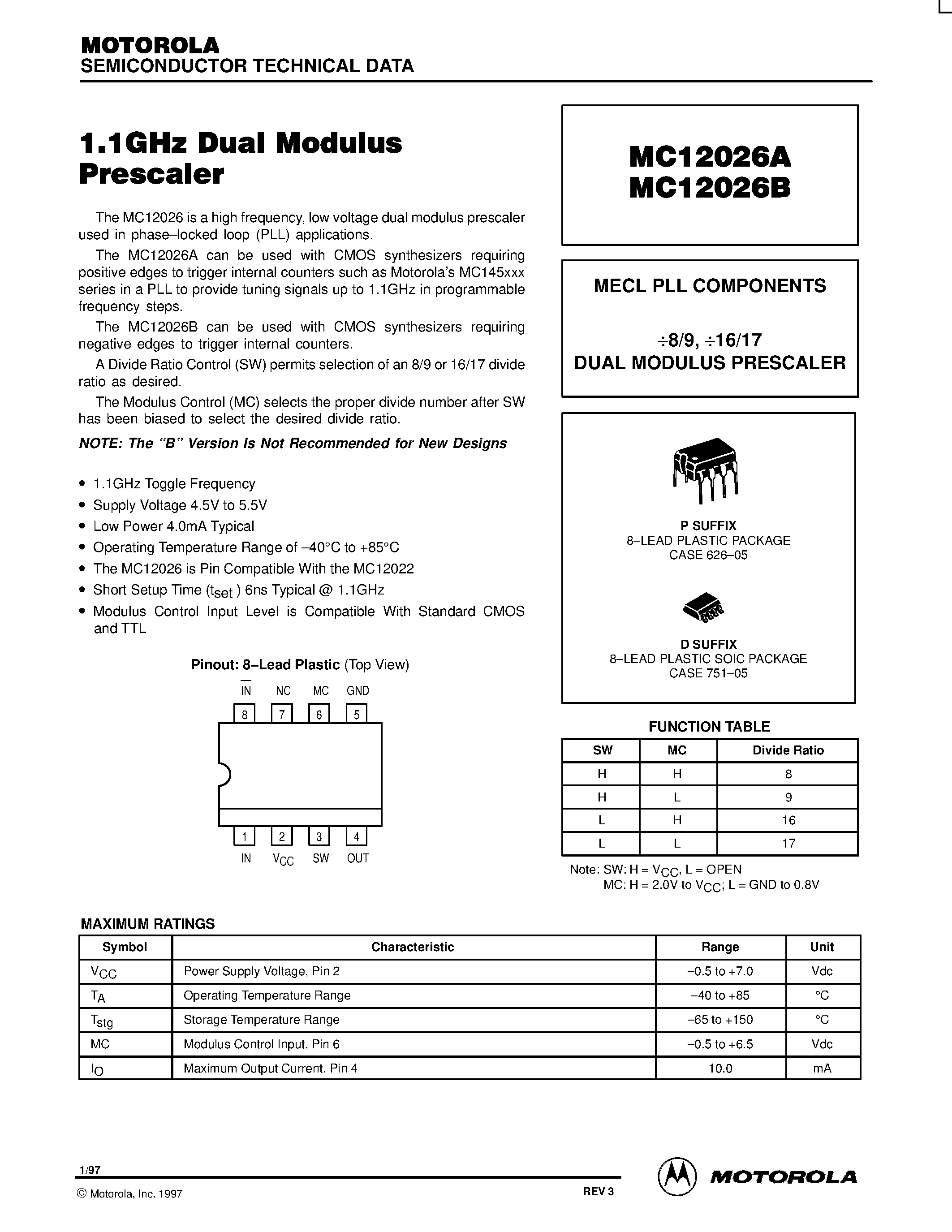 Даташит MC12026 - MECL PLL COMPONENTS 8/9 / 16/17 DUAL MODULUS PRESCALER страница 1