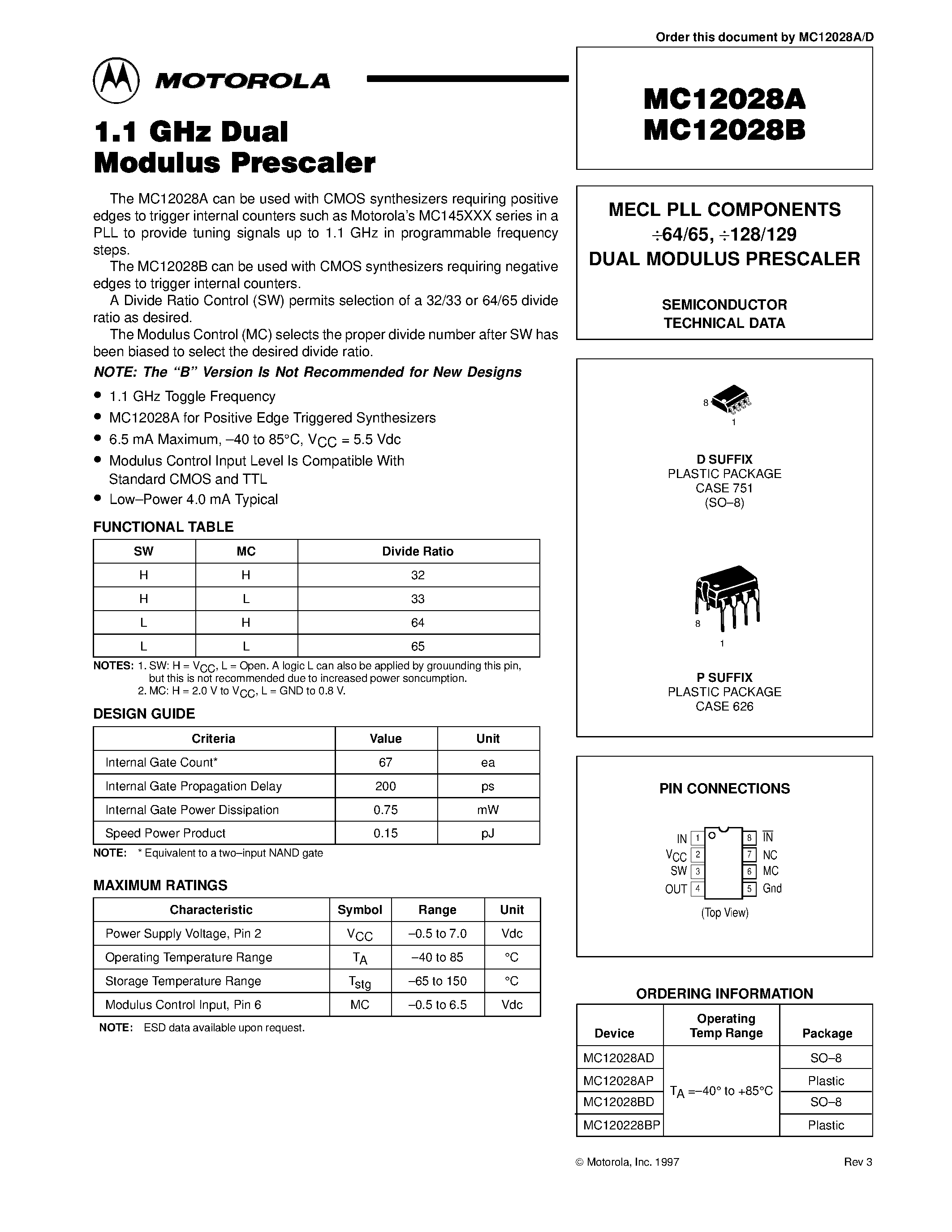 Даташит MC12028 - MECL PLL COMPONENTS 64/65 / 128/129 DUAL MODULUS PRESCALER страница 1
