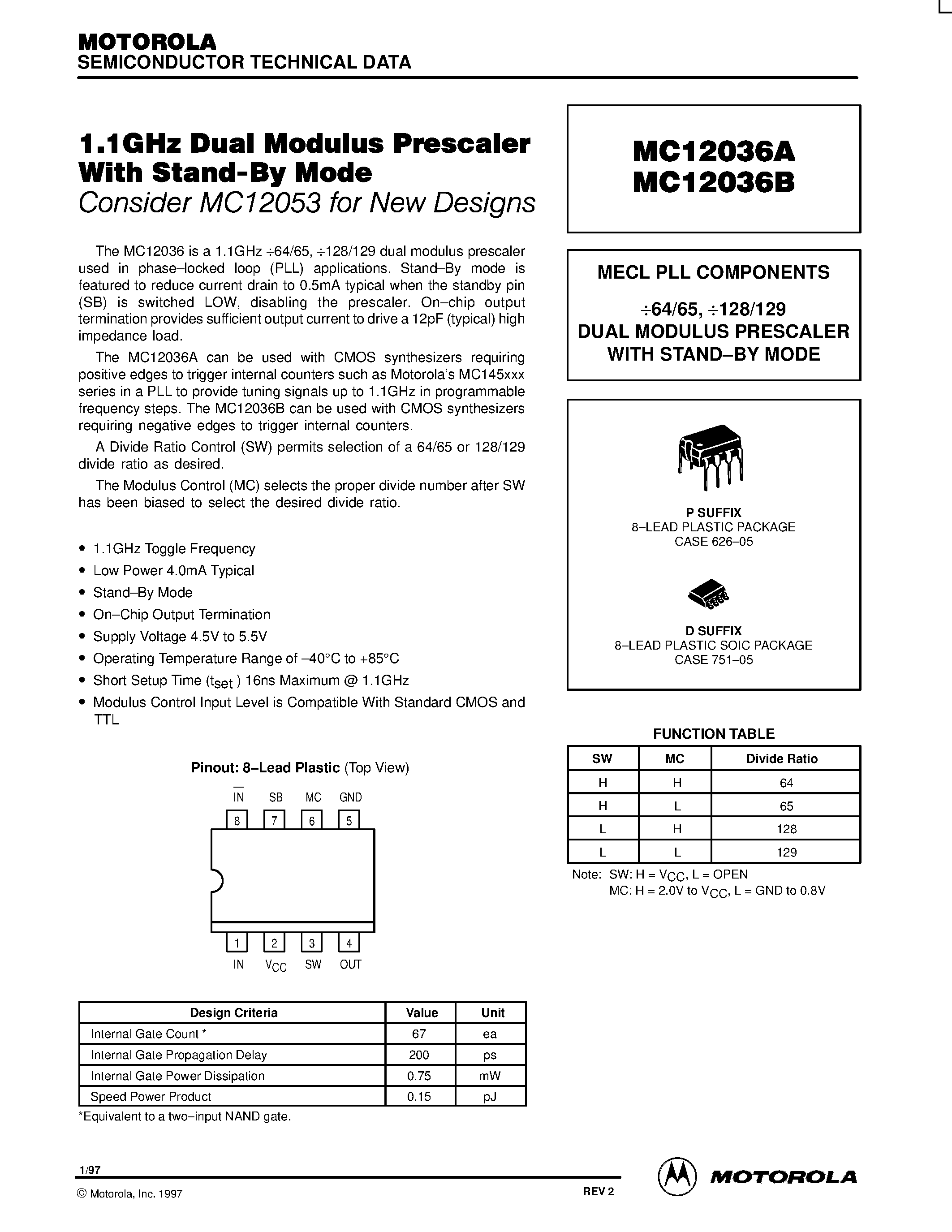 Datasheet MC12036AD - MECL PLL COMPONENTS 64/65 / 128/129 DUAL MODULUS PRESCALER WITH STAND-BY MODE page 1