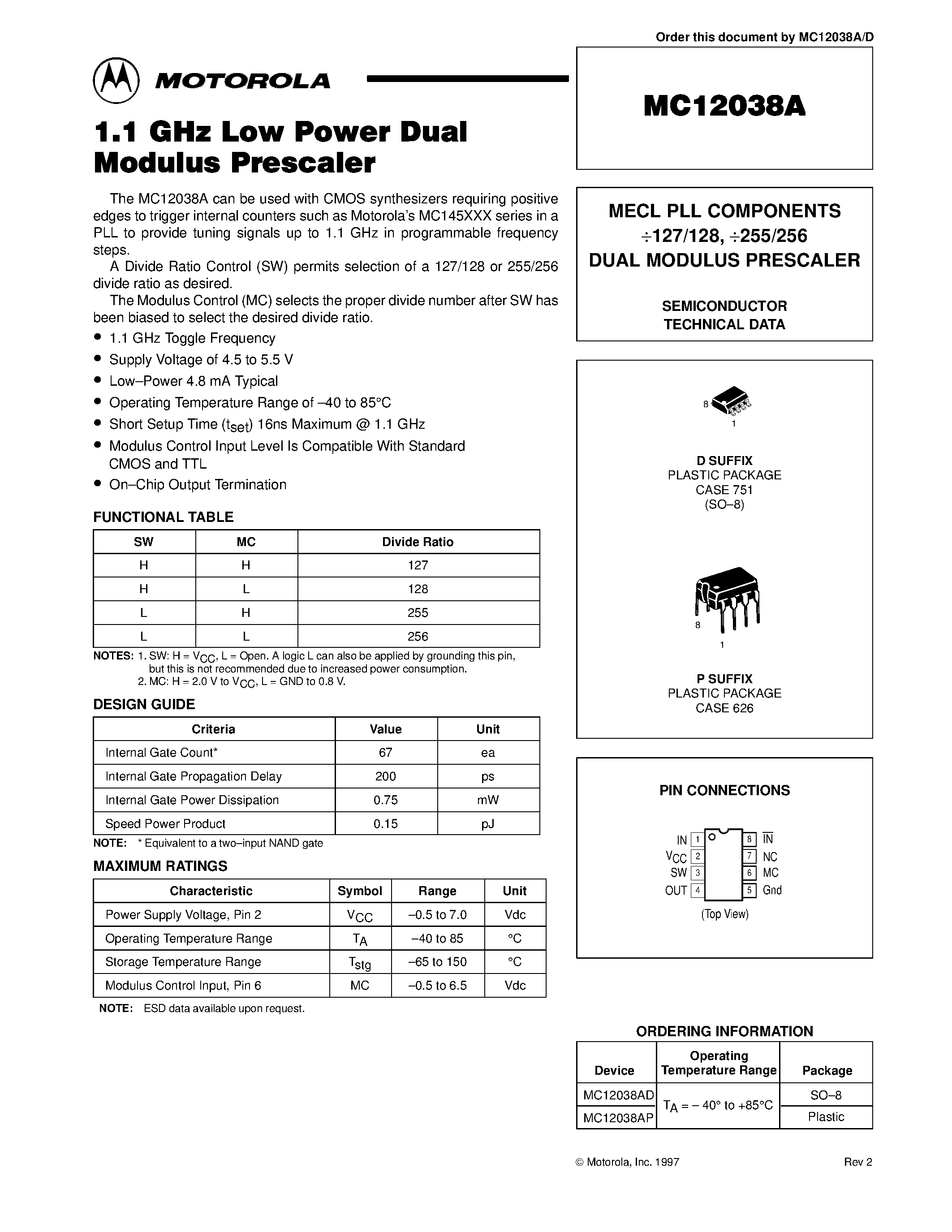 Datasheet MC12038AD - MECL PLL COMPONENTS 127/128 / 255/256 DUAL MODULUS PRESCALER page 1