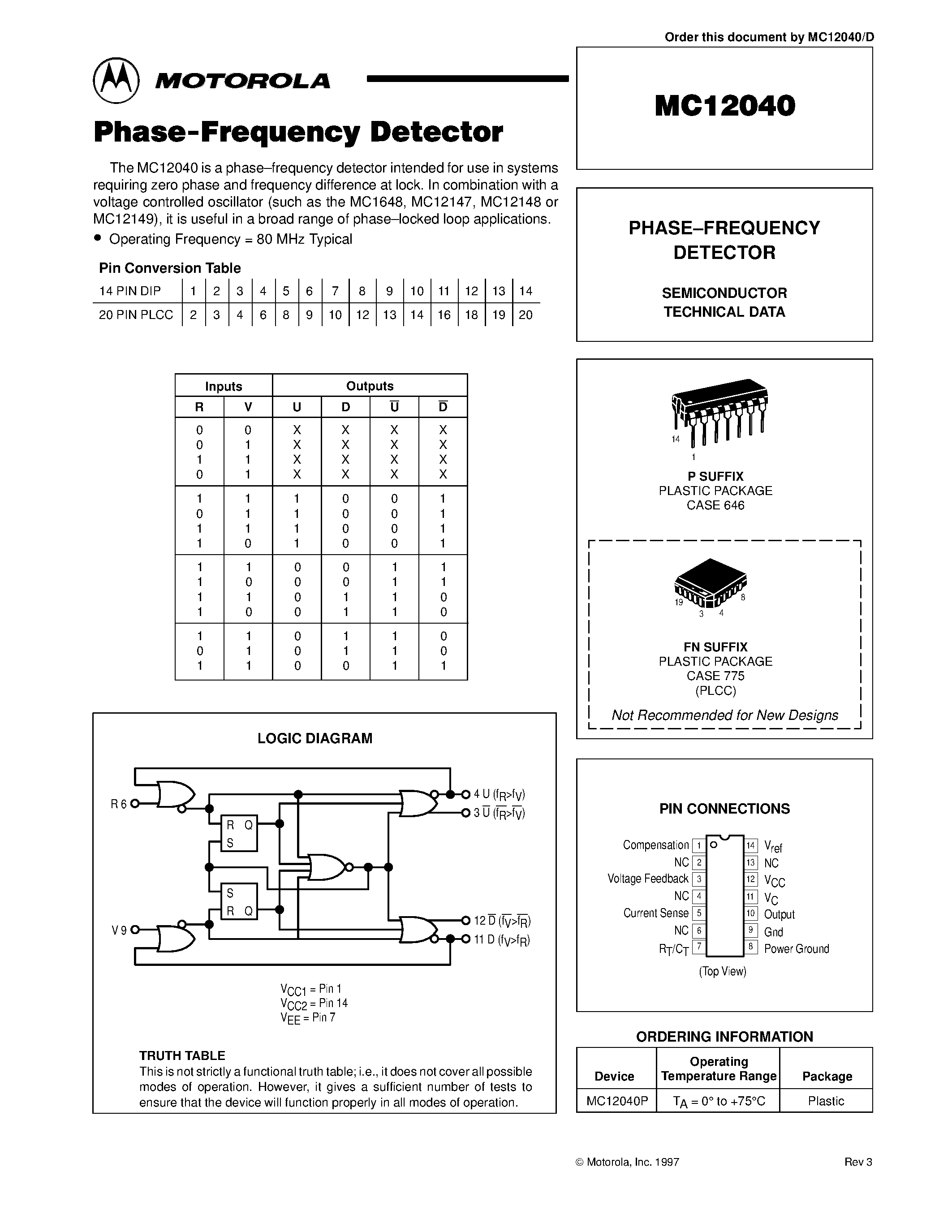 Datasheet MC12040FN - PHASE-FREQUENCY DETECTOR page 1