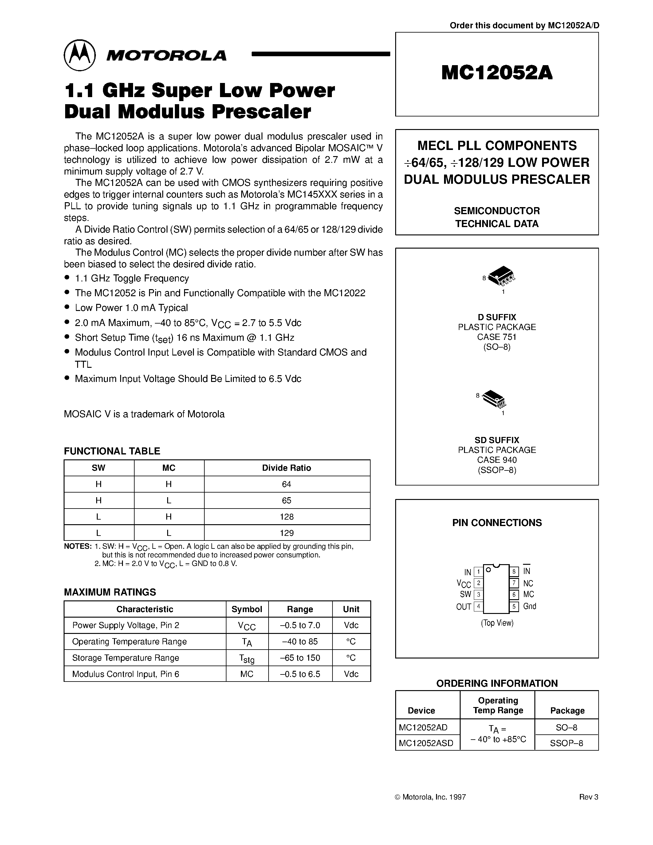 Datasheet MC12052 - MECL PLL COMPONENTS 64/65 / 128/129 LOW POWER DUAL MODULUS PRESCALER page 1