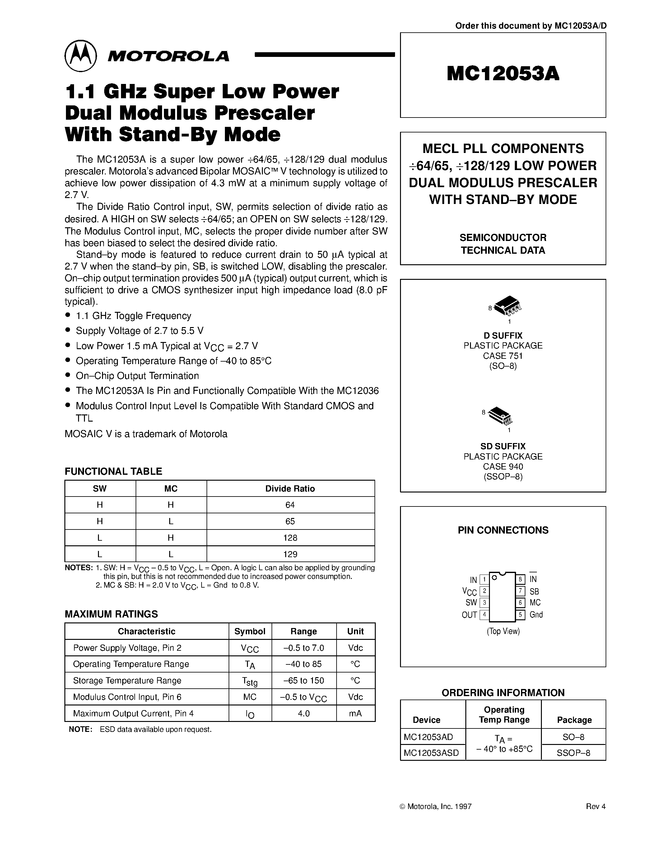 Datasheet MC12053AD - MECL PLL COMPONENTS 64/65 / 128/129 LOW POWER DUAL MODULUS PRESCALER WITH STAND-BY MODE page 1