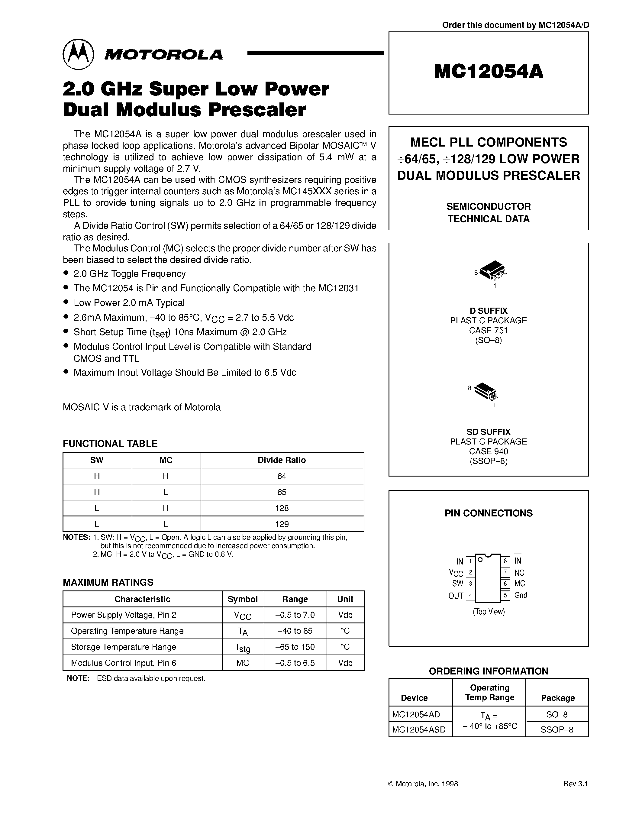 Datasheet MC12054 - MECL PLL COMPONENTS 64/65 / 128/129 LOW POWER DUAL MODULUS PRESCALER page 1