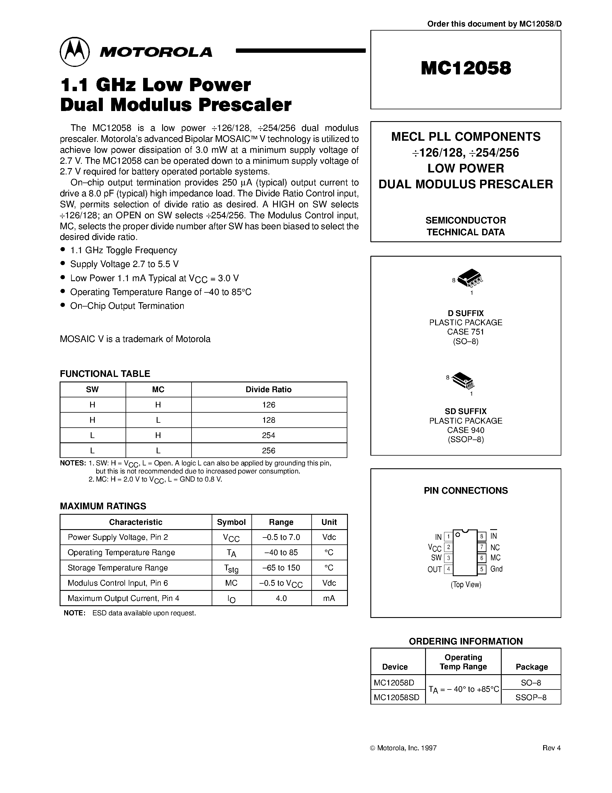 Datasheet MC12058D - MECL PLL COMPONENTS 126/128 / 254/256 LOW POWER DUAL MODULUS PRESCALER page 1