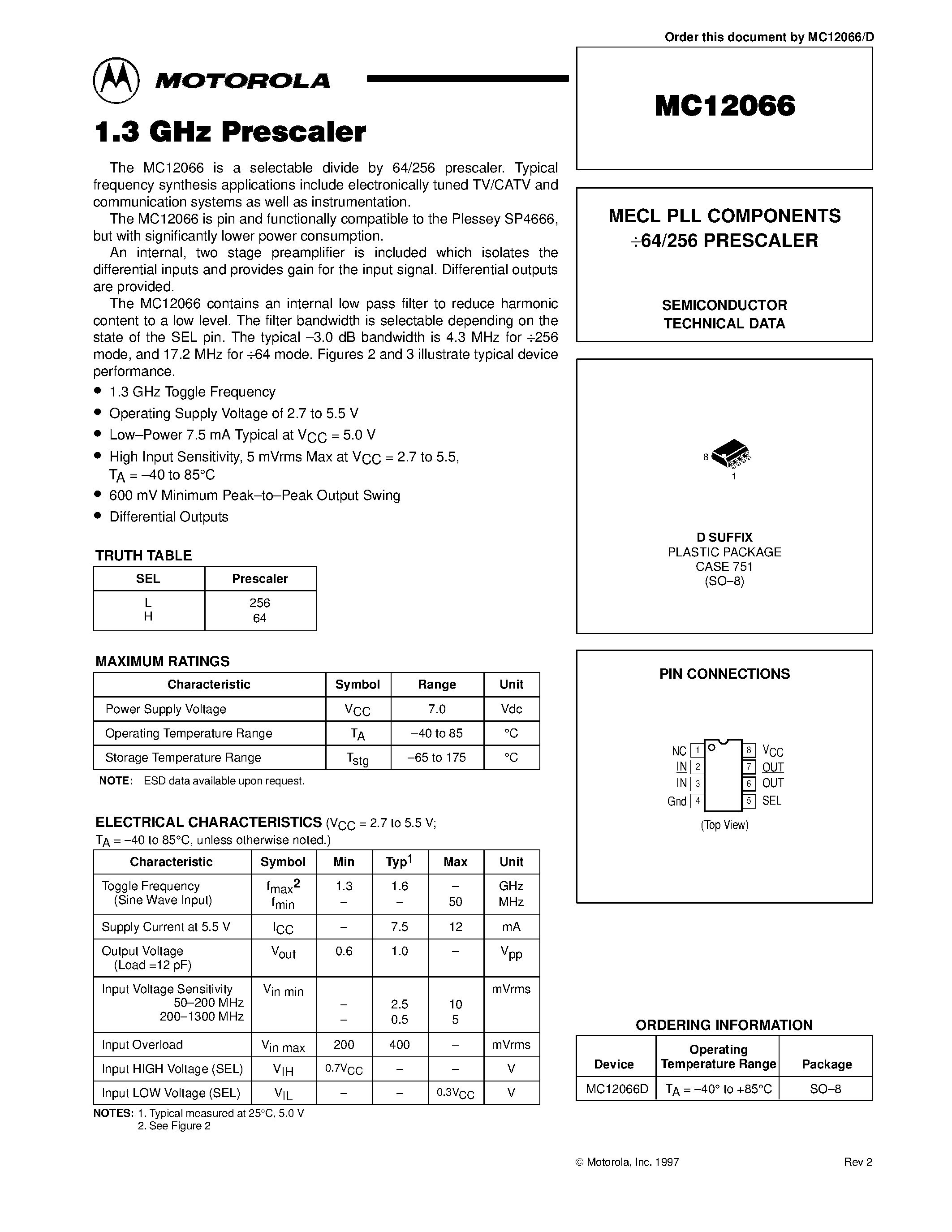 Даташит MC12066D - MECL PLL COMPONENTS 64/256 PRESCALER страница 1