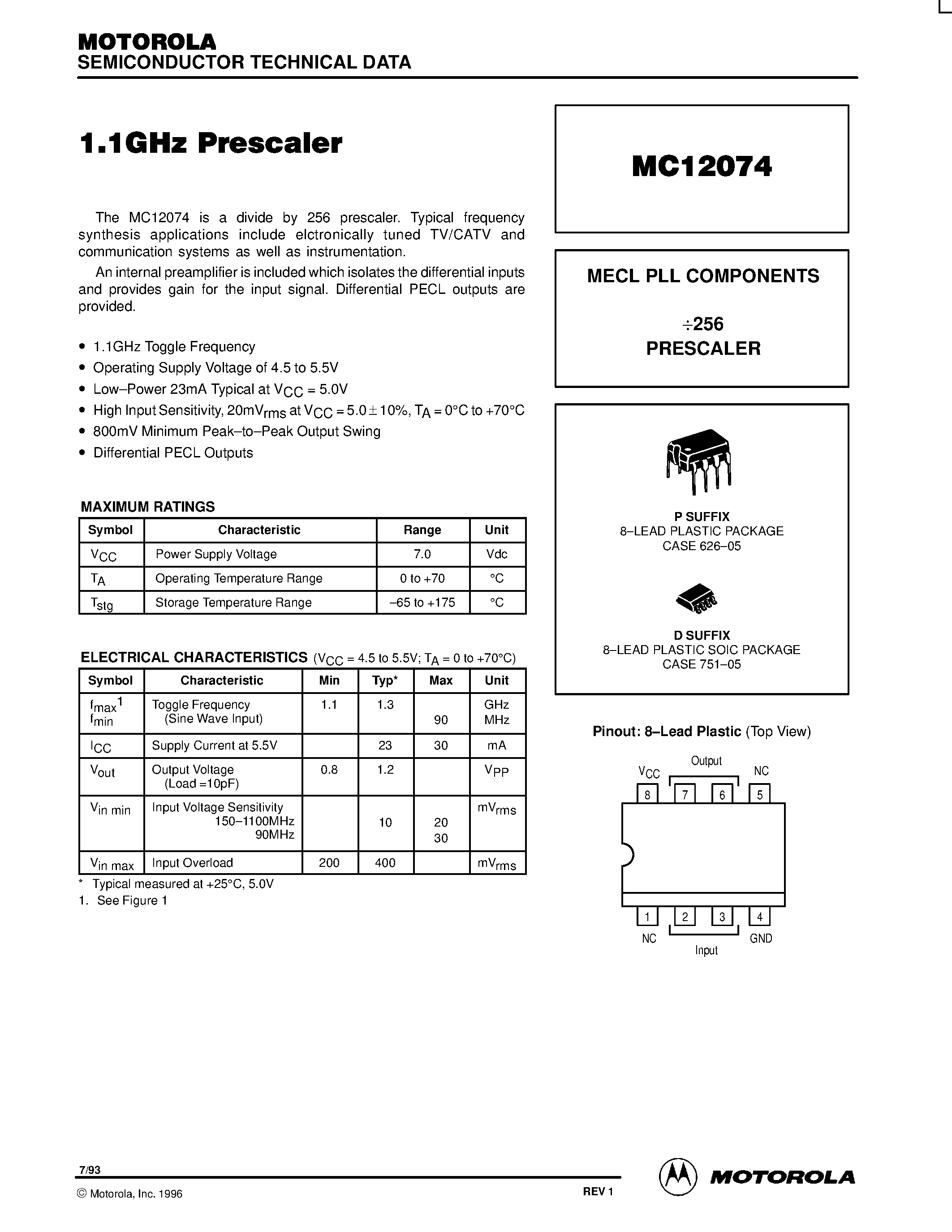 Даташит MC12074 - MECL PLL COMPONENTS 256 PRESCALER страница 1