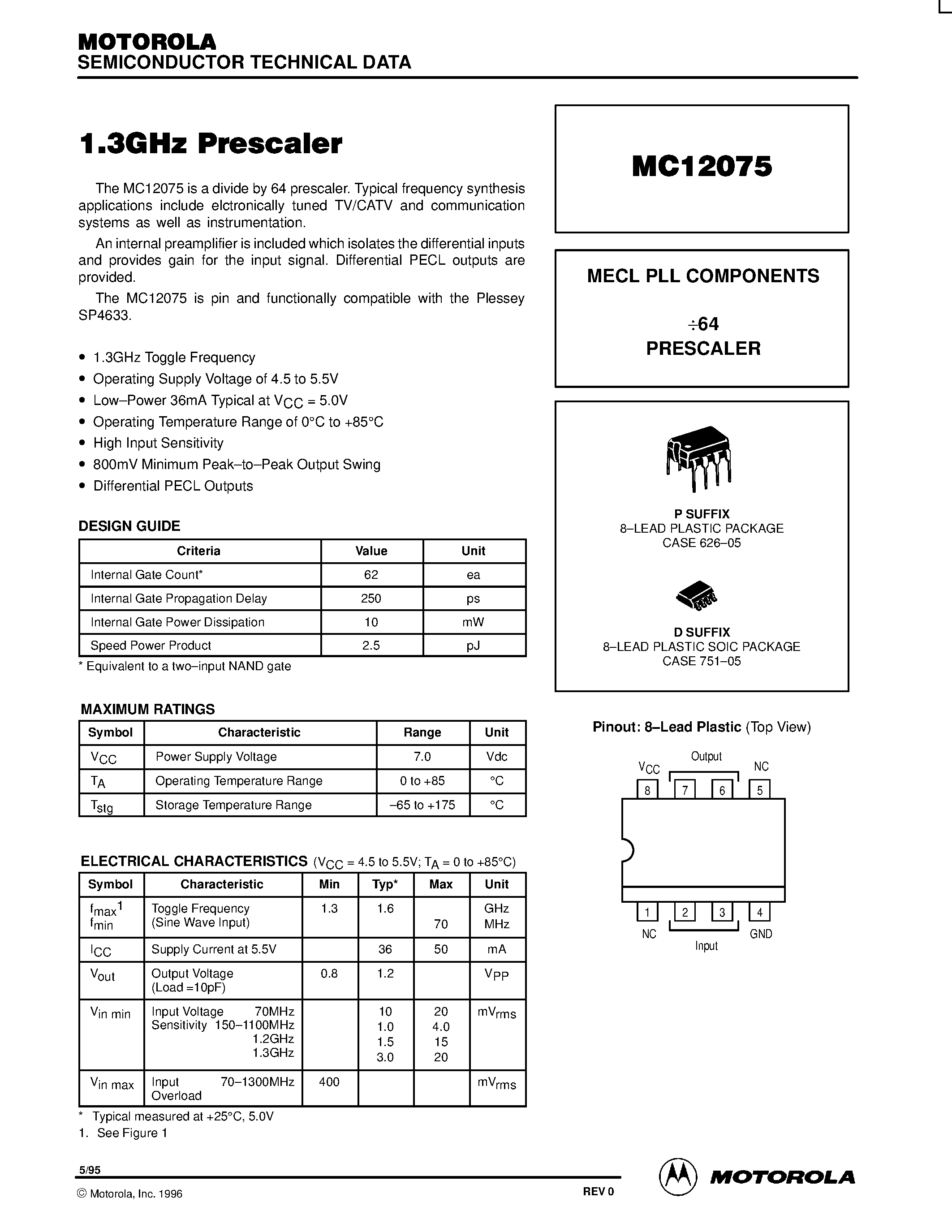 Datasheet MC12075D - MECL PLL COMPONENTS 64 PRESCALER page 1