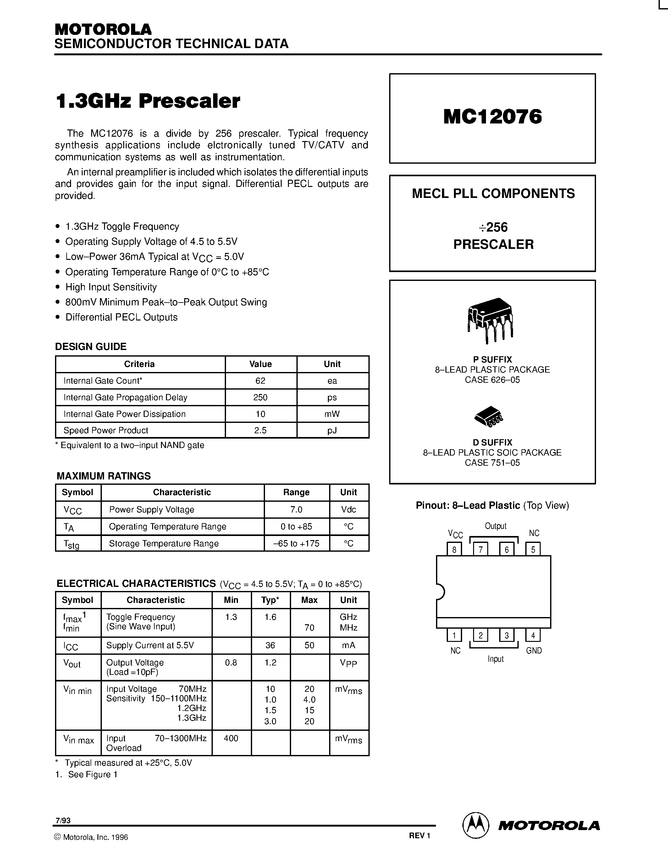 Даташит MC12076D - MECL PLL COMPONENTS 256 PRESCALER страница 1