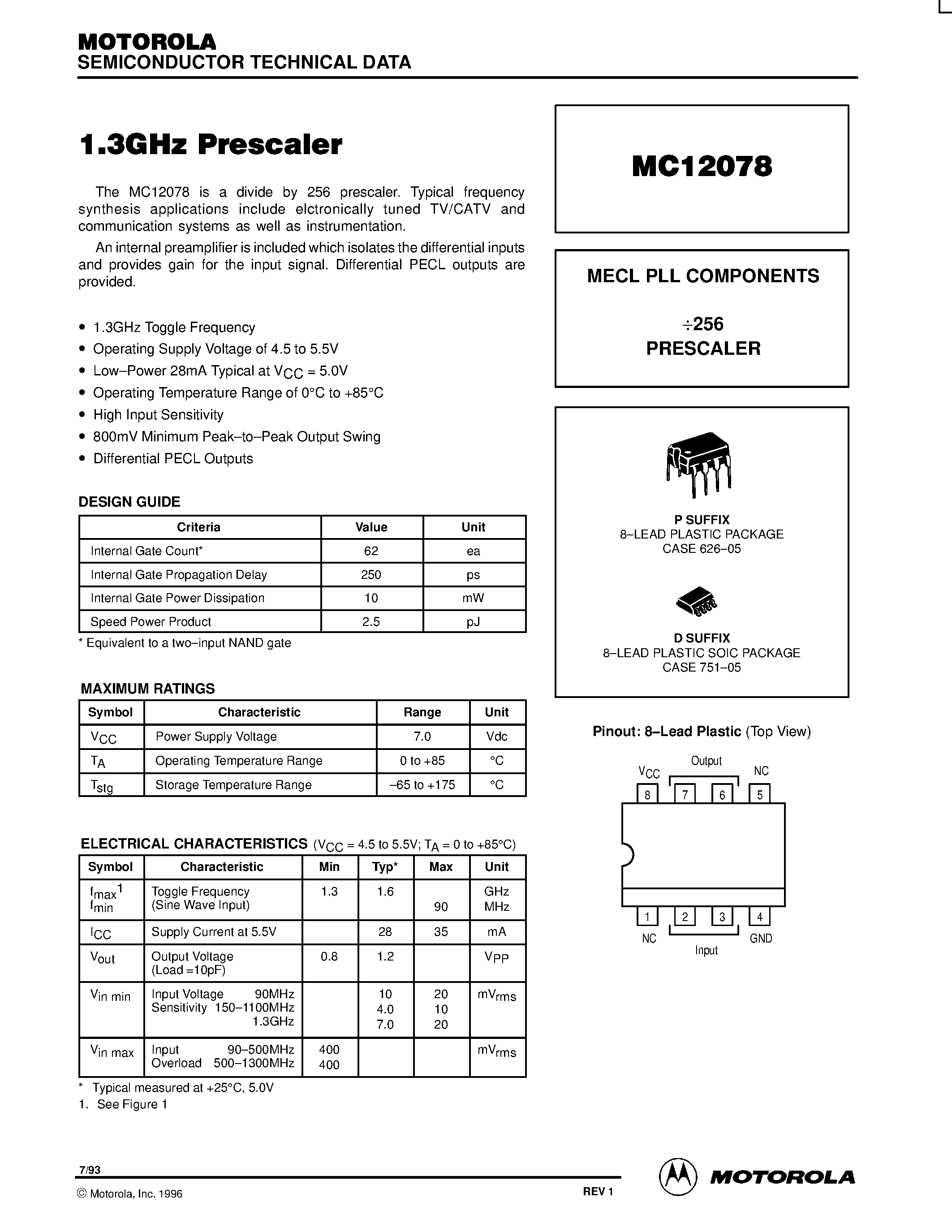 Даташит MC12078 - MECL PLL COMPONENTS 256 PRESCALER страница 1