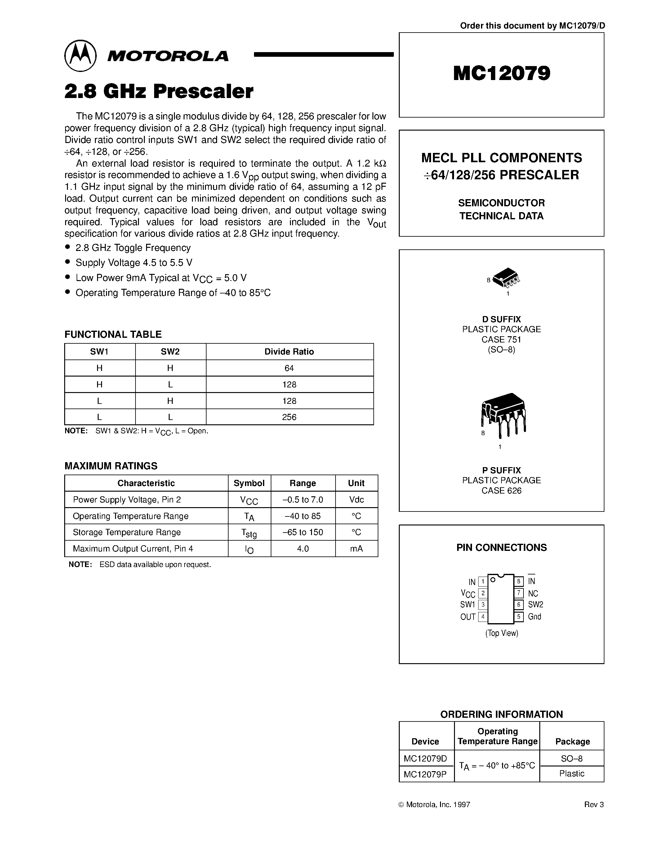 Datasheet MC12079 - MECL PLL COMPONENTS 64/128/256 PRESCALER page 1