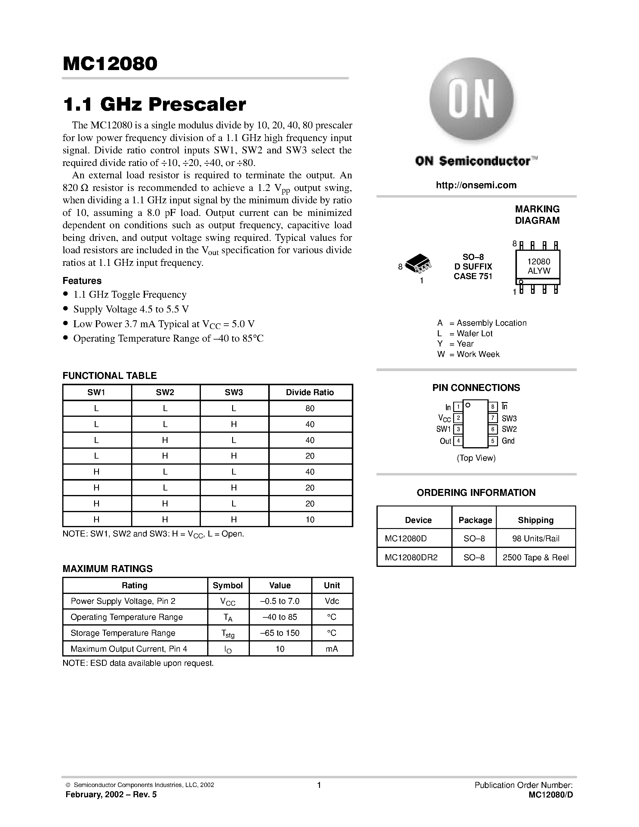 Datasheet MC12080 - 1.1 GHz Prescaler High Frequency Input Signal page 1