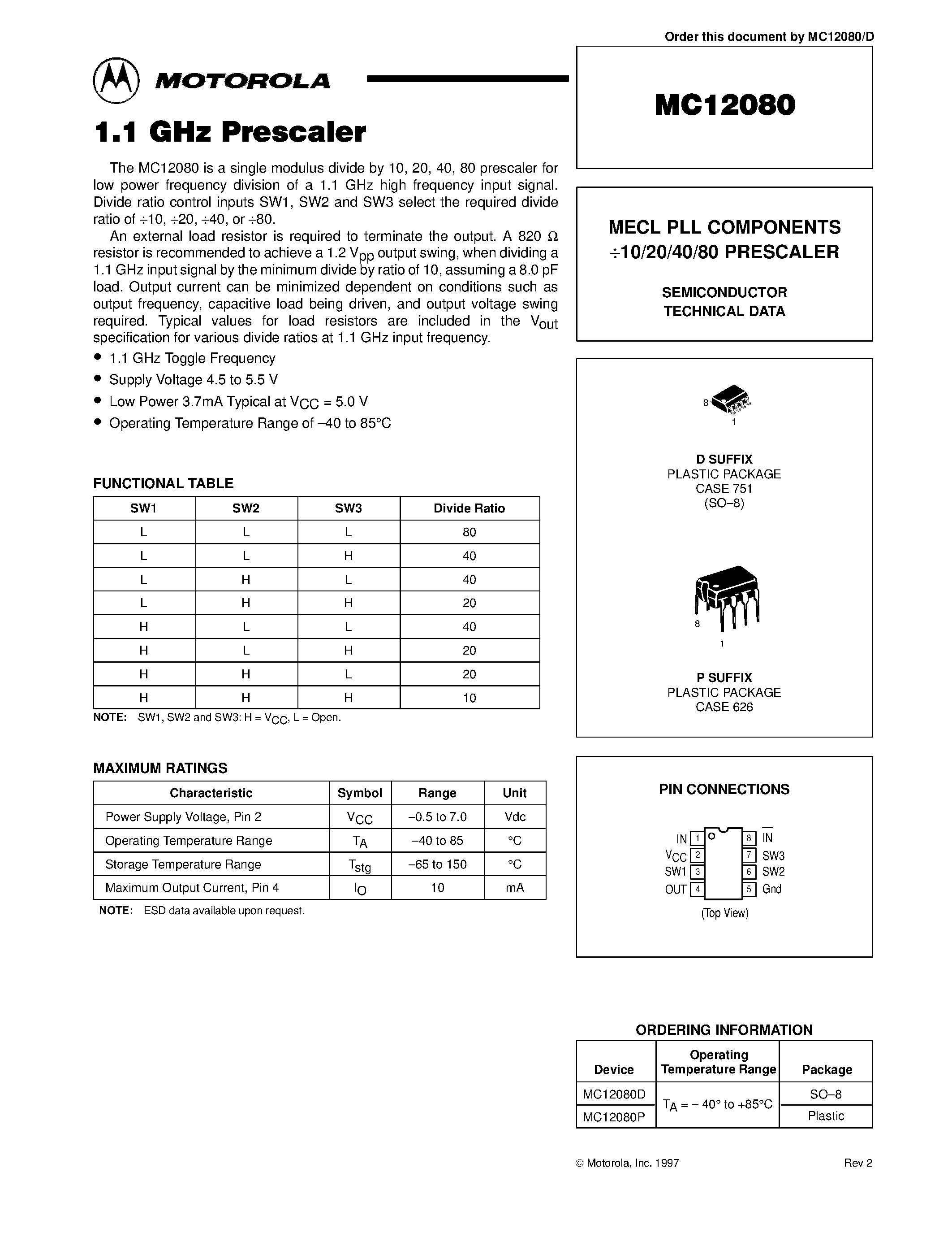 Datasheet MC12080D - MECL PLL COMPONENTS 10/20/40/80 PRESCALER page 1