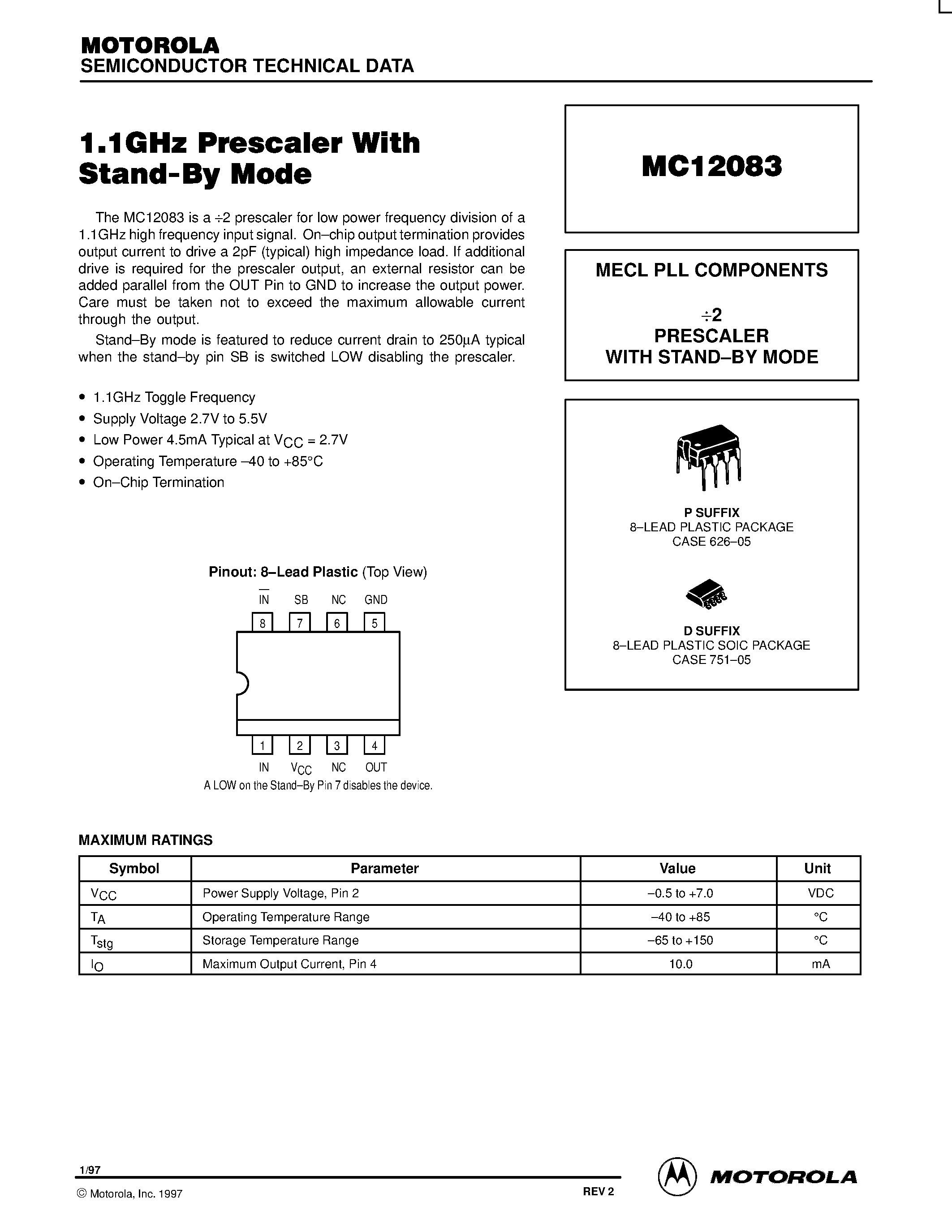 Datasheet MC12083 - MECL PLL COMPONENTS 2 PRESCALER WITH STAND-BY MODE page 1