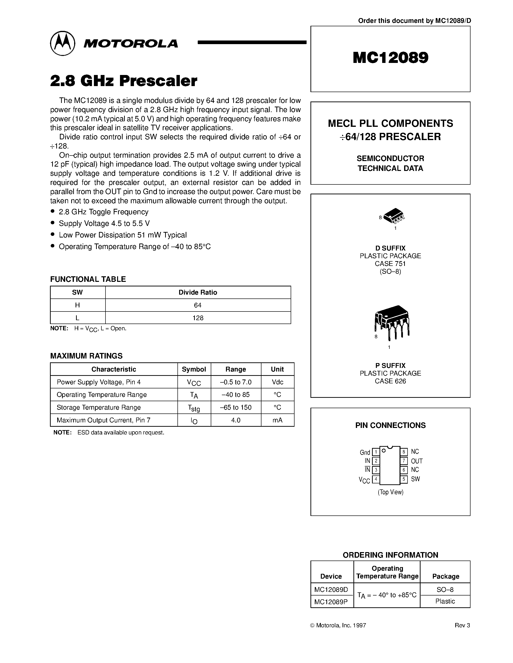 Даташит MC12089P - MECL PLL COMPONENTS 64/128 PRESCALER страница 1