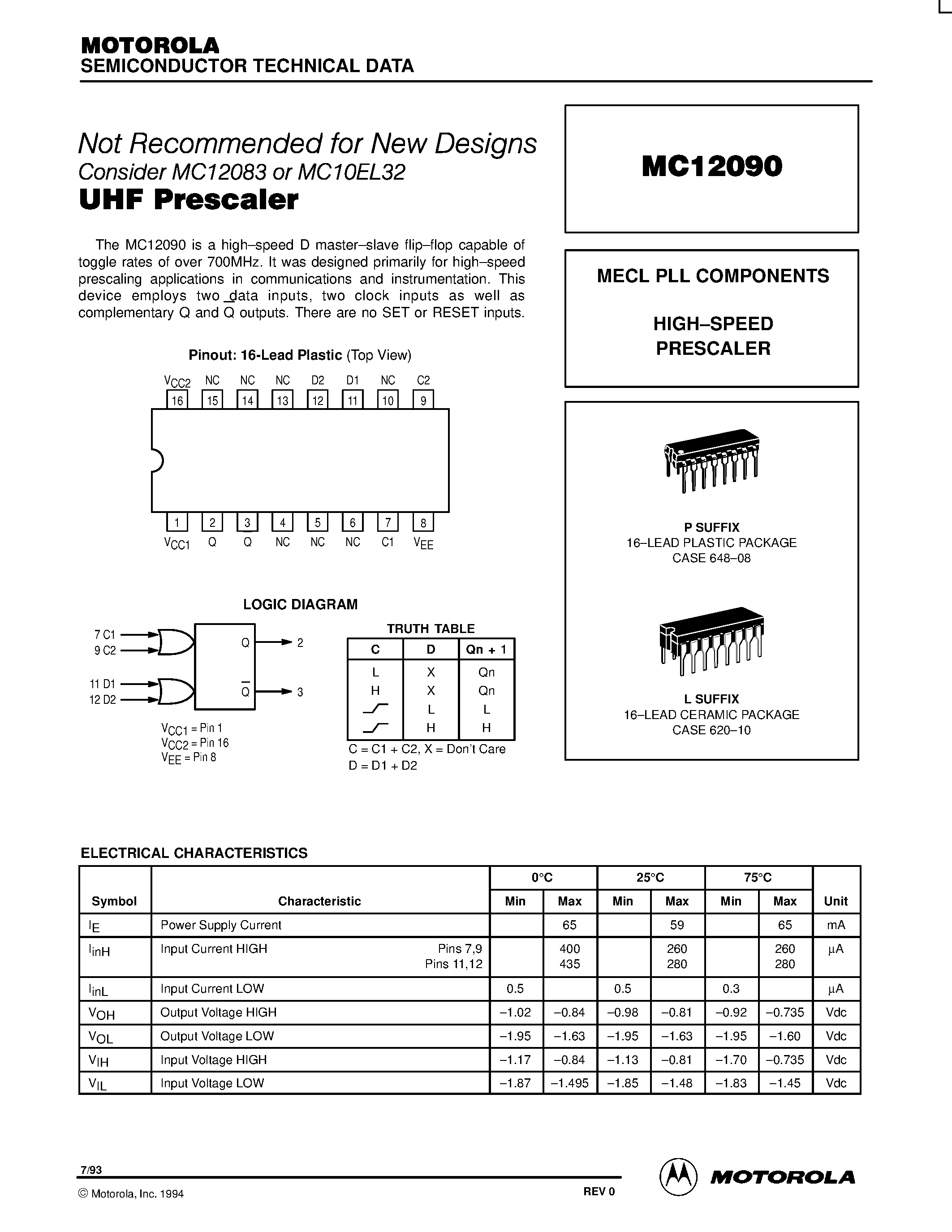 Даташит MC12090 - MECL PLL COMPONENTS HIGH-SPEED PRESCALER страница 1