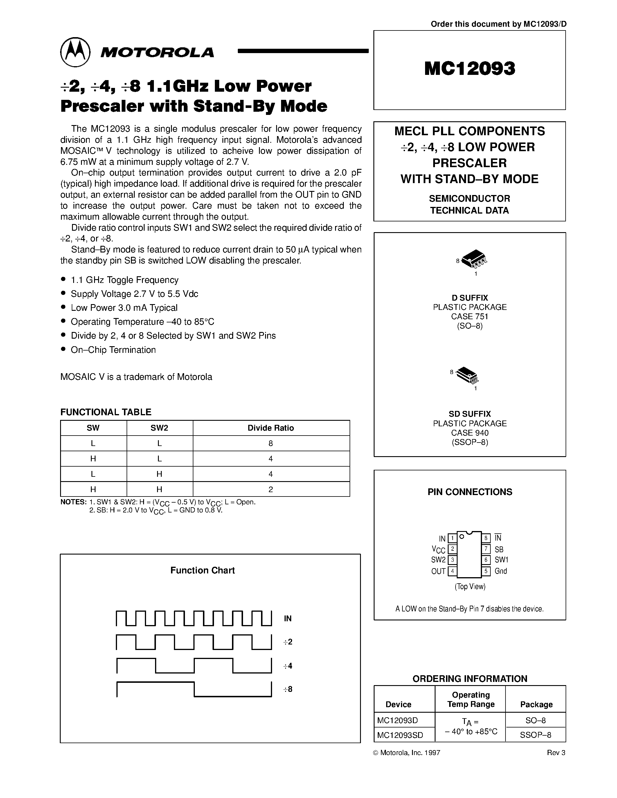 Даташит MC12093 - MECL PLL COMPONENTS 2 / 4 / 8 LOW POWER PRESCALER WITH STAND-BY MODE страница 1