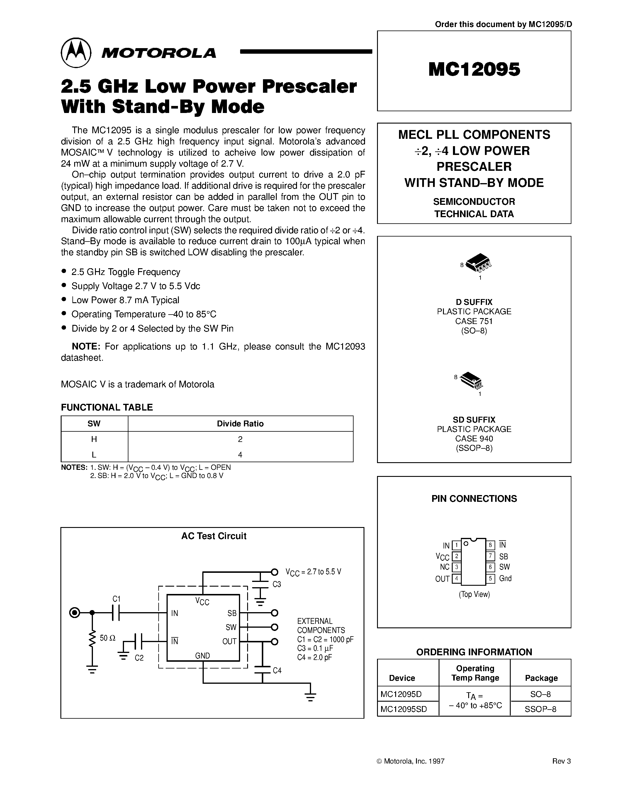 Даташит MC12095D - MECL PLL COMPONENTS 2 / 4 LOW POWER PRESCALER WITH STAND-BY MODE страница 1