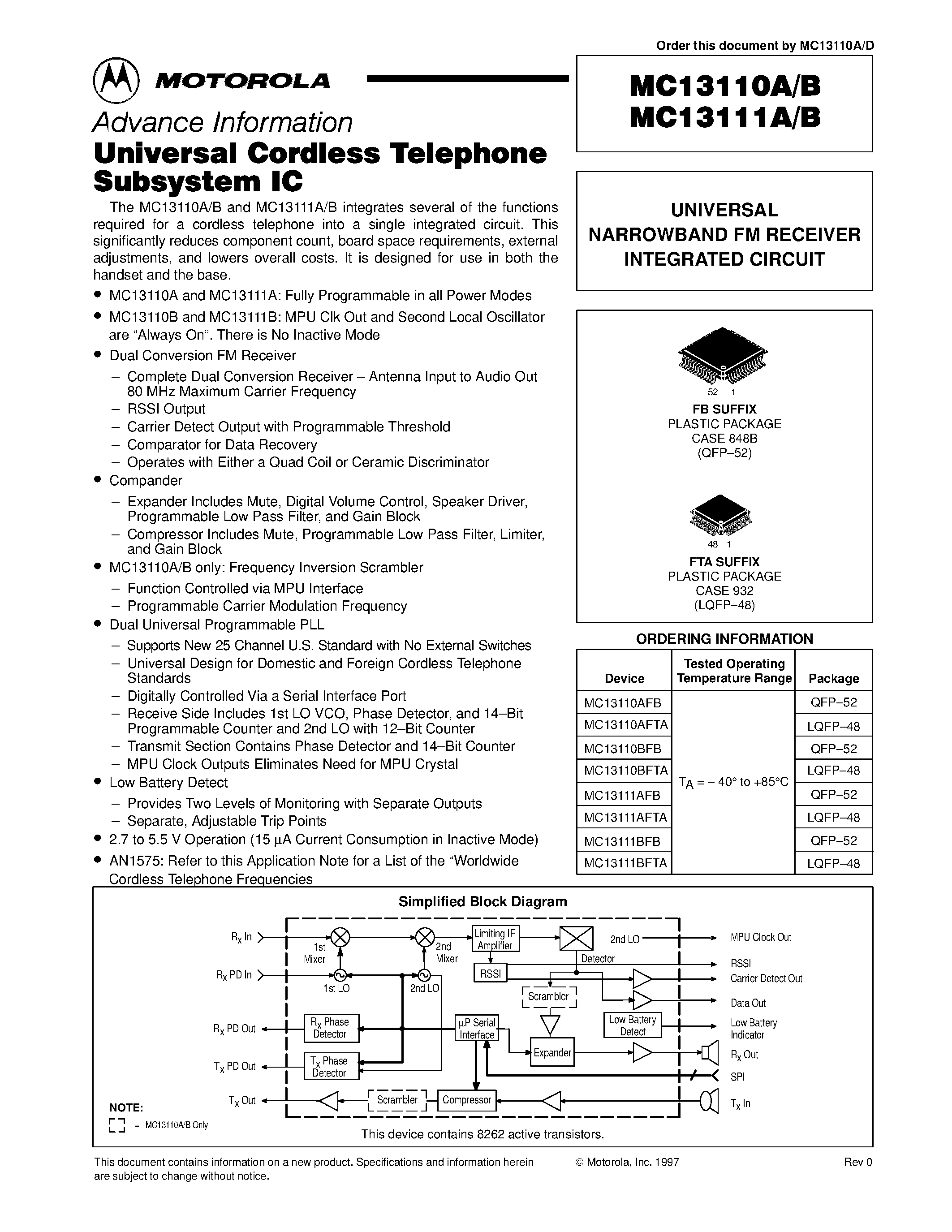 Даташит MC13110 - UNIVERSAL NARROWBAND FM RECEIVER INTEGRATED CIRCUIT страница 1