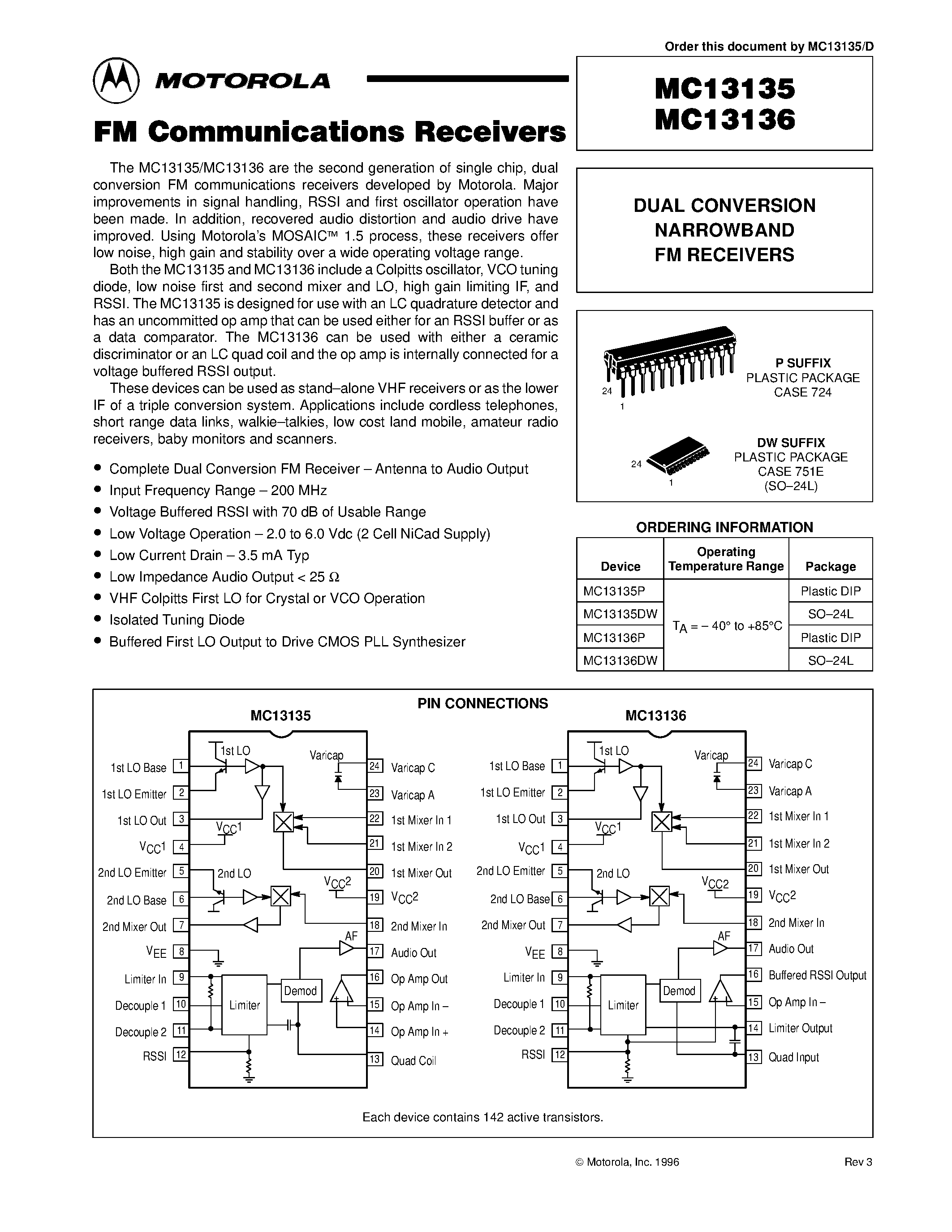 Datasheet MC13135 - DUAL CONVERSION NARROWBAND FM RECEIVERS page 1